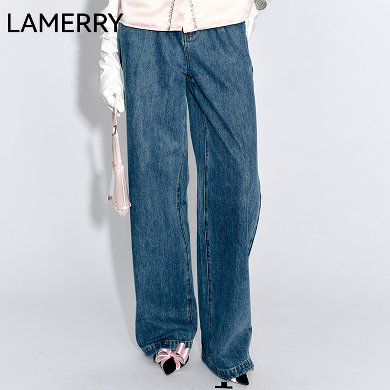 lamerry/朗美睿蓝色钻钉直筒牛仔长裤百搭洗水精致减龄 LWFW1K129