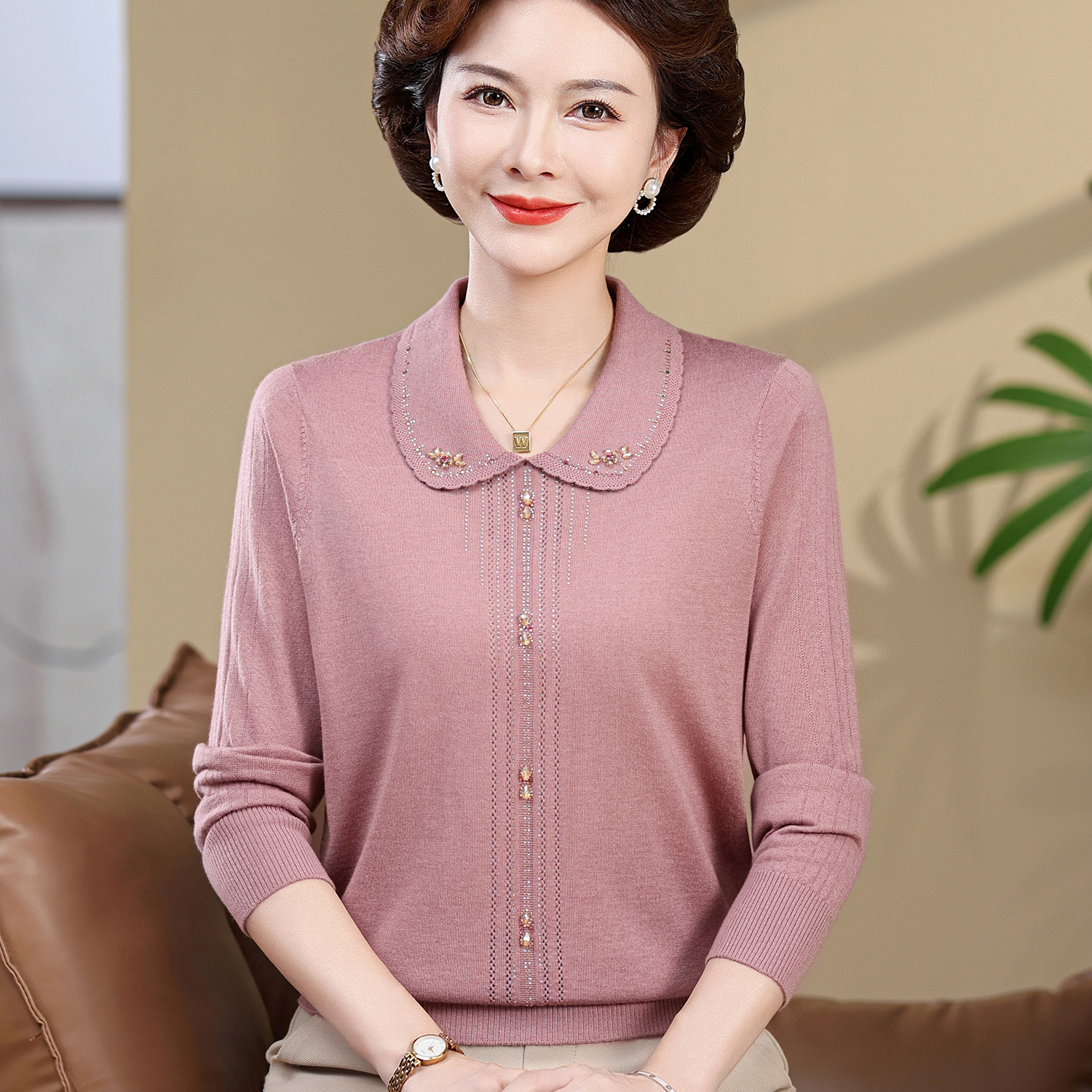 妈妈秋装气质长袖针织小衫宽松上衣中老年女装春秋洋气毛衣打底衫