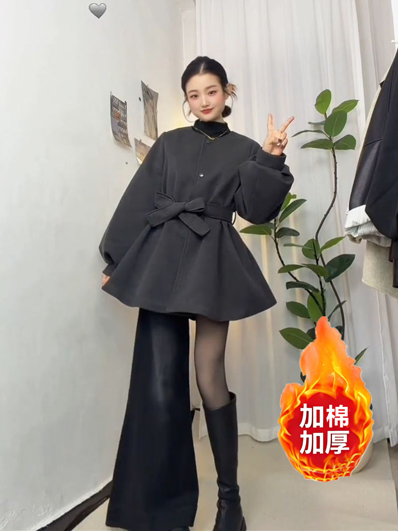 呢子大衣女秋冬加棉加厚小个子百搭灯笼袖大码宽松系带毛呢外套女