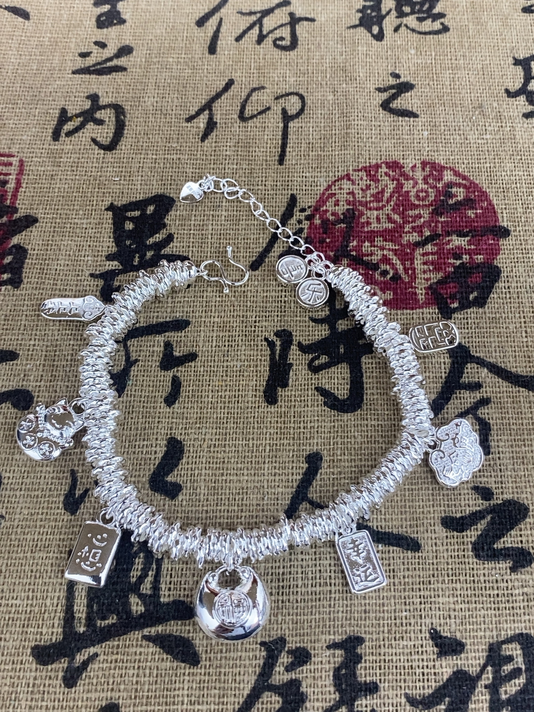 足银手链 喜乐招财猫胖福盘缠多宝上上签气质百搭手链