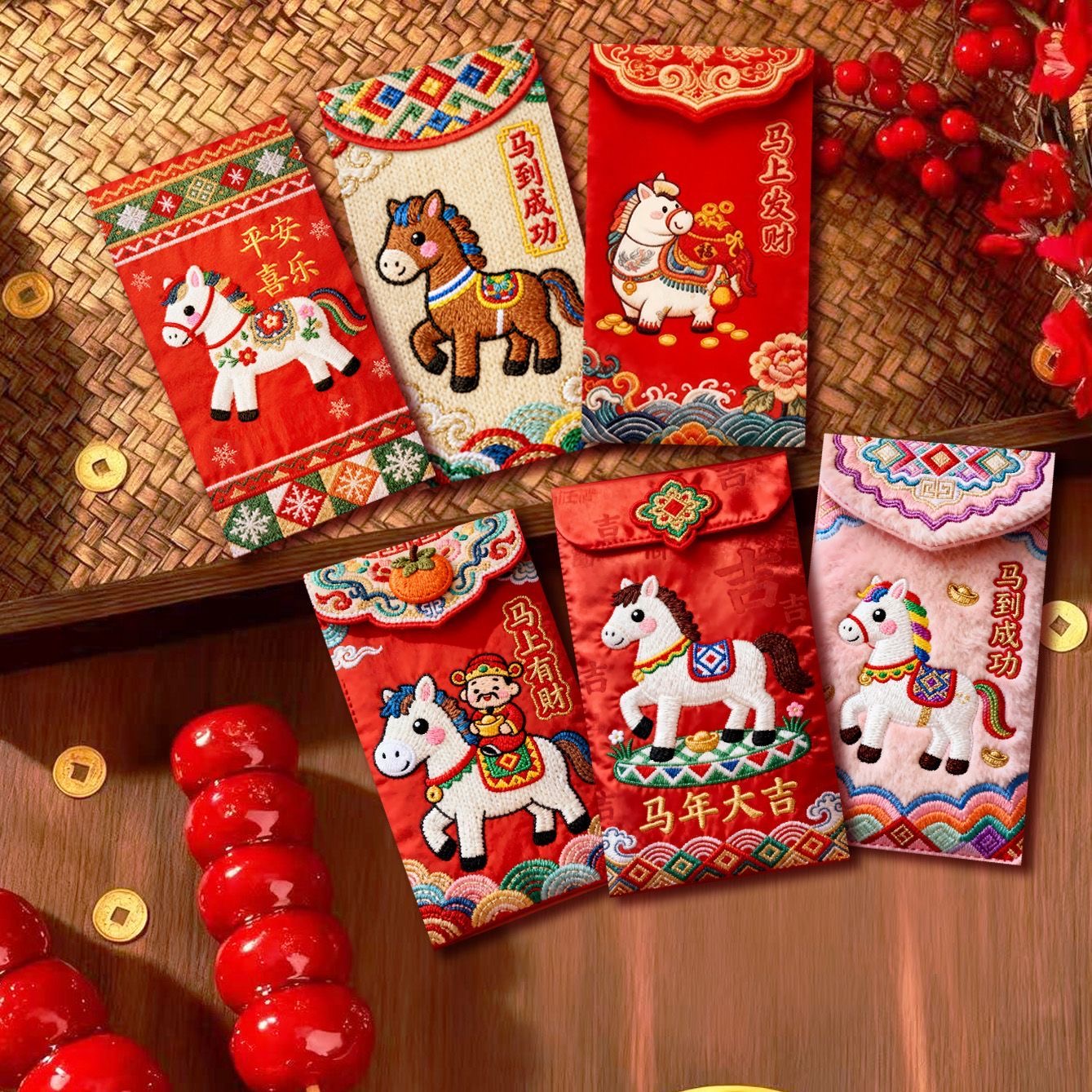 【卡通手绘福马萌马系列】平面刺绣风格可爱卡通春节红包马年利是封