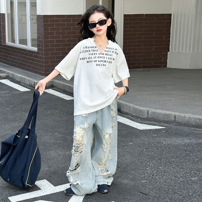 女童夏装套装2025新款女大童短袖T恤儿童装牛仔阔腿裤夏季两件套