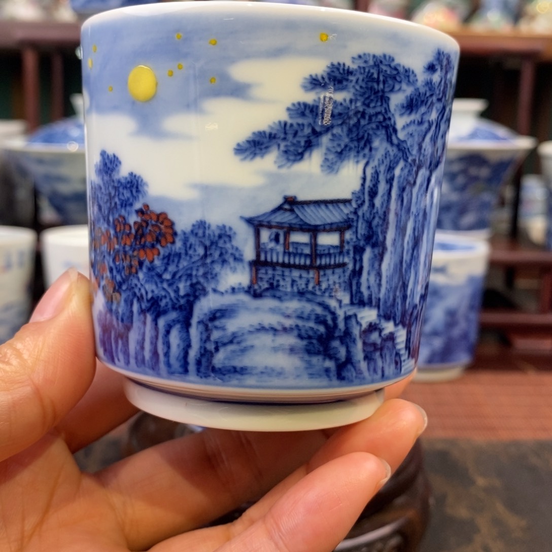 手工陶瓷青花精工千里共婵娟直筒杯