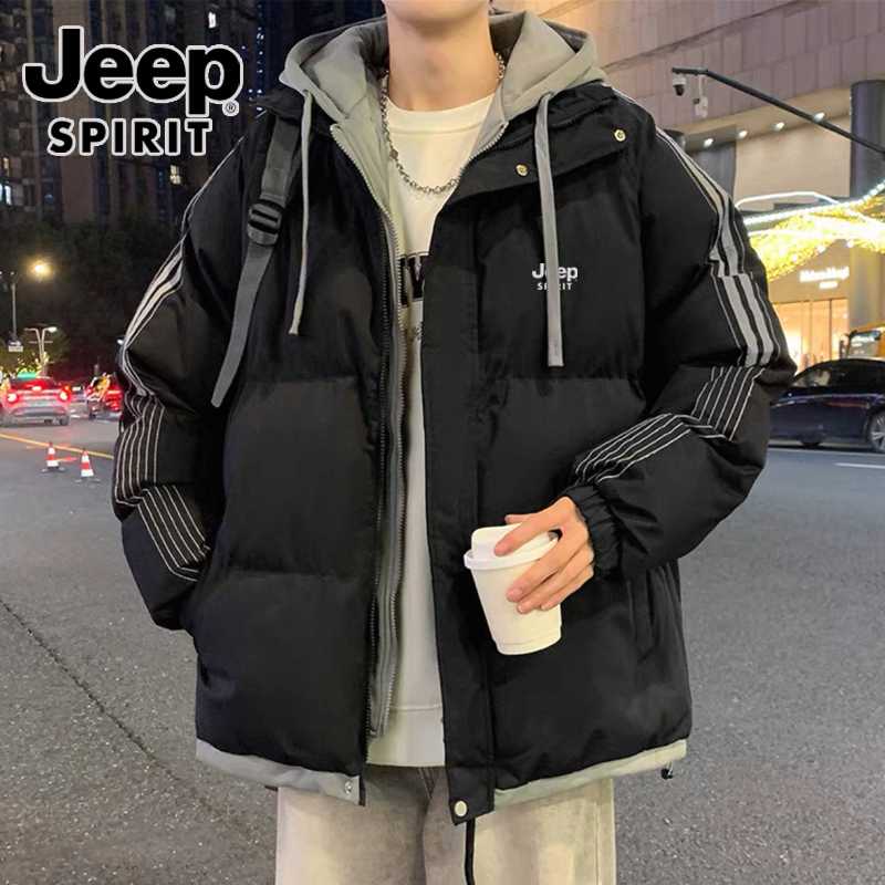 Jeep吉普假两件棉衣新款秋冬御寒保暖百搭连帽男潮流时尚条纹外套