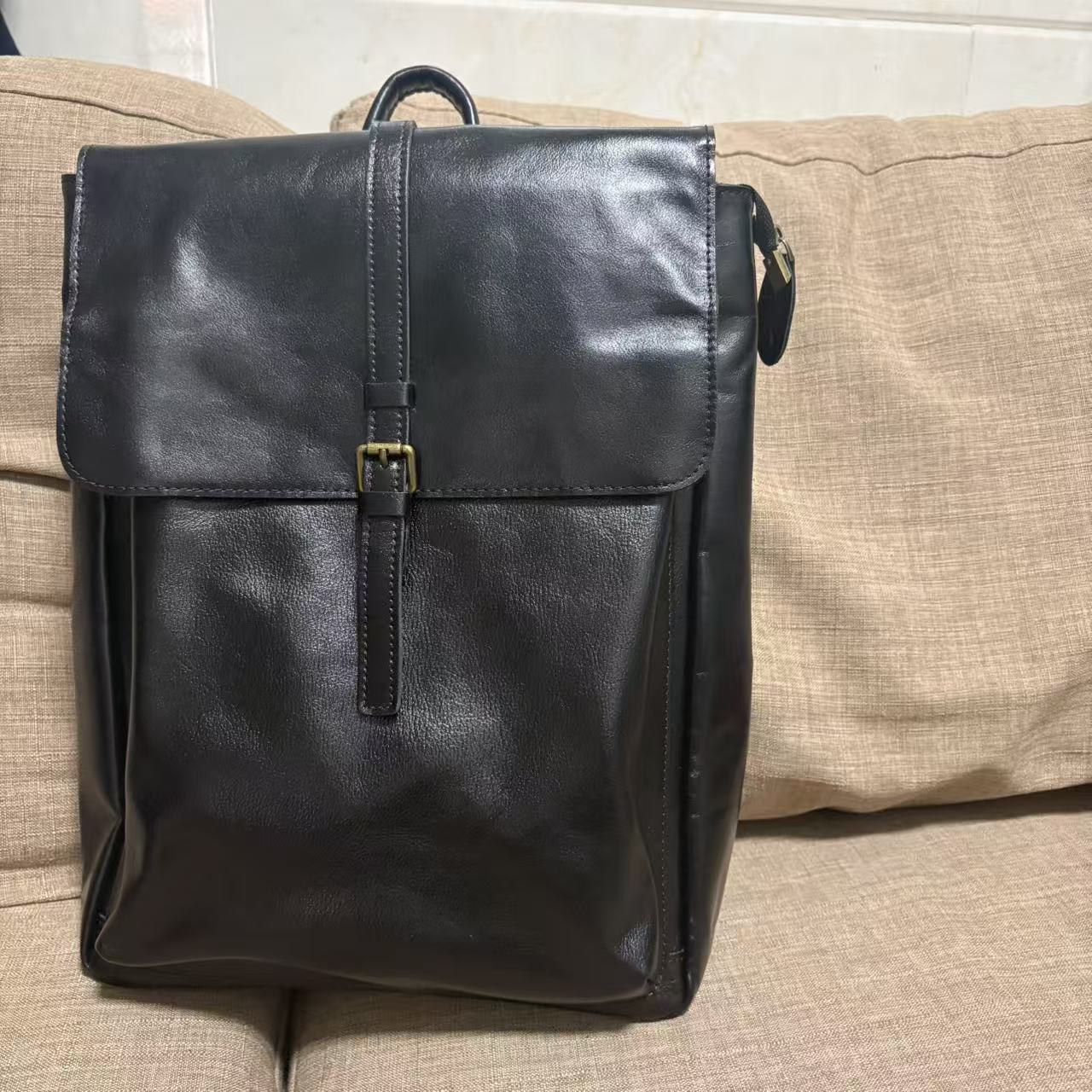 头层植鞣牛皮电脑包拉链包盖双肩包工装风真皮双肩包休闲