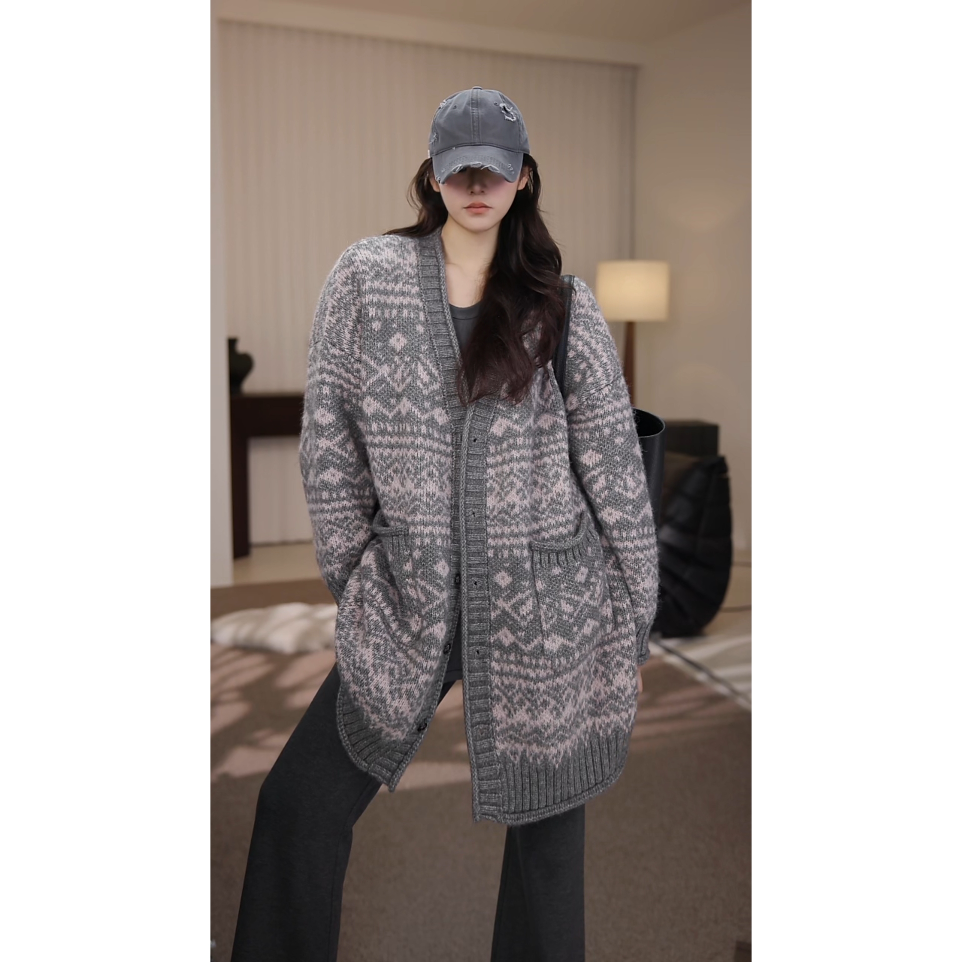 卢尚苏格兰提花撞色毛衣开衫9617