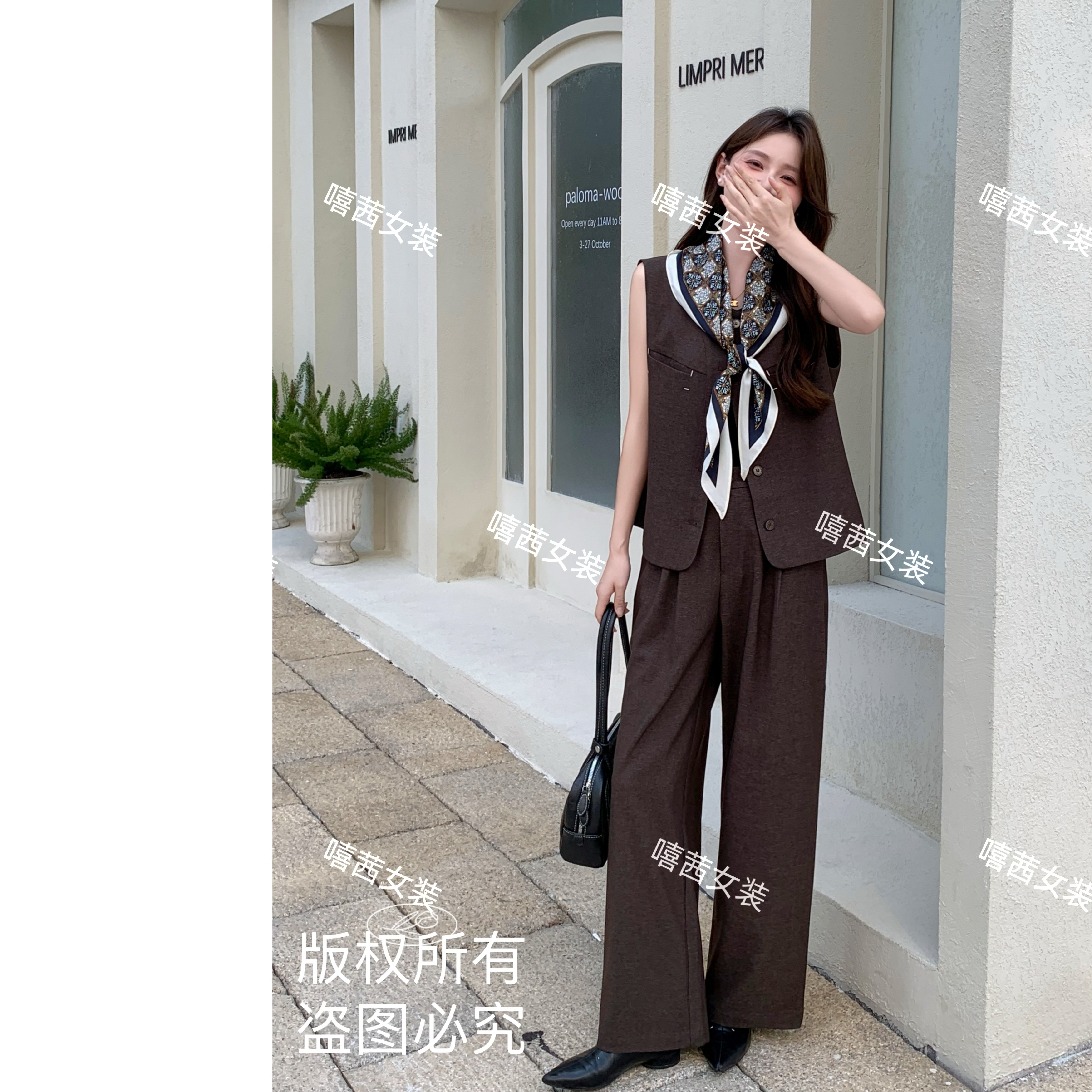 嘻茜【秋日御姐】2025秋时尚套装马甲阔腿裤配丝巾休闲气质显瘦套装