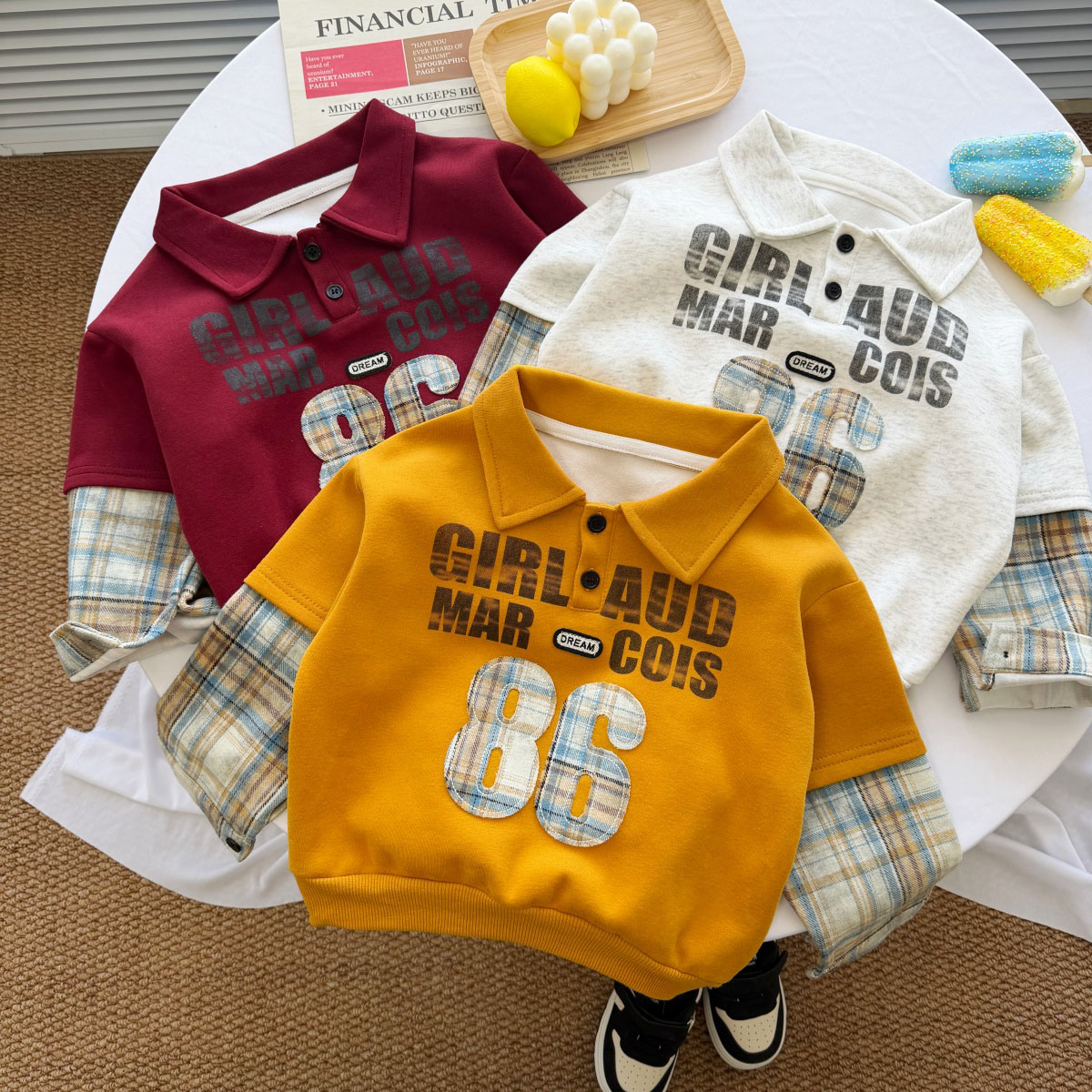 【春季新品】儿童卫衣中小童装百搭洋气格子拼色打底翻领衫韩版上衣