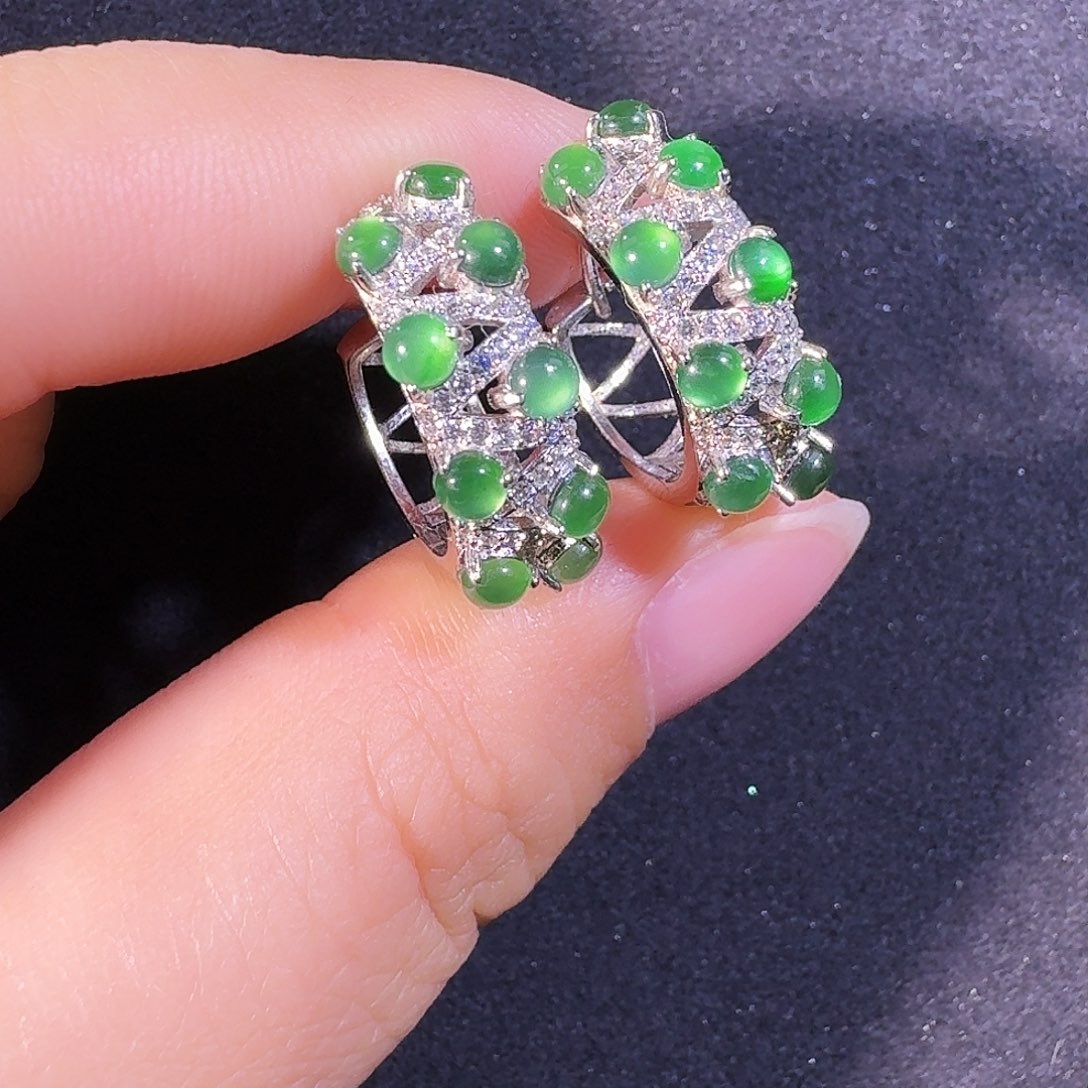 翡翠银S925镶嵌耳饰蛋面