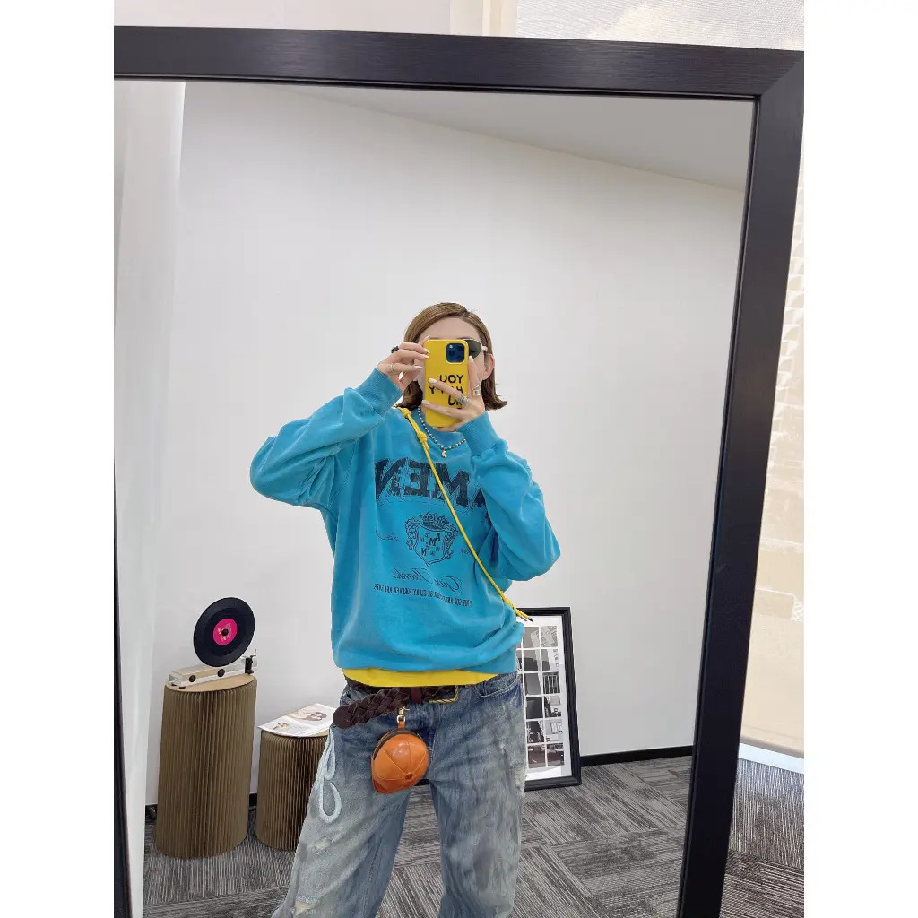 AMYLIANG｜【蓝调AMEN】新款炒盐做旧工艺美式印花休闲圆领卫衣0337