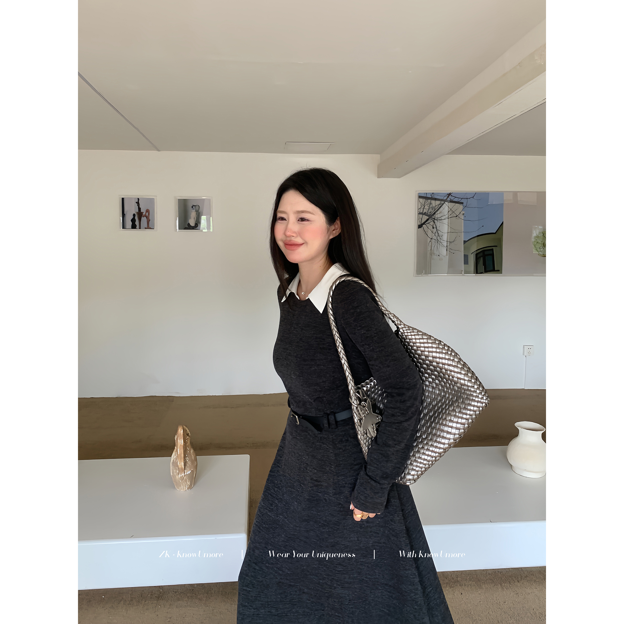 知葵微胖定制【气质画廊】初秋韩版miu系翻领收腰长款连衣裙L9373