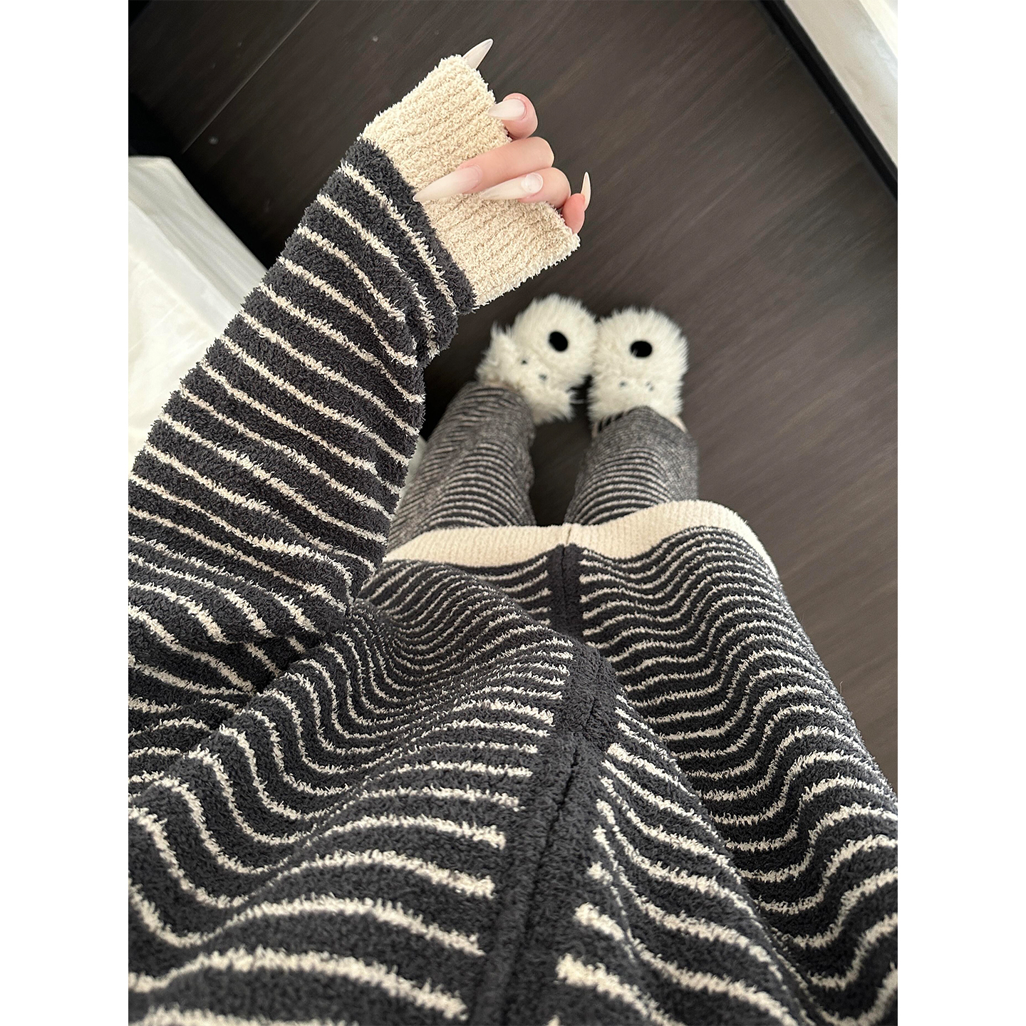 撞色条纹针织半边绒睡衣秋冬季慵懒感加厚保暖家居休闲套装可外穿