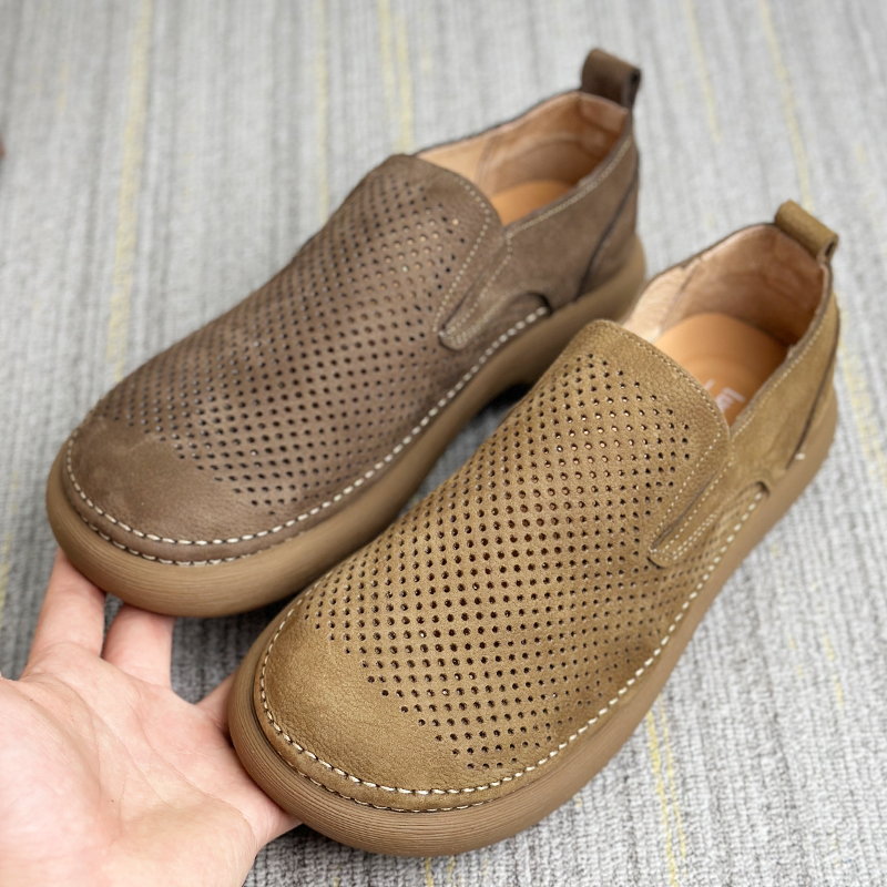 男2025夏季新款打孔透气洞洞软皮软底一脚蹬休闲头层牛皮男鞋
