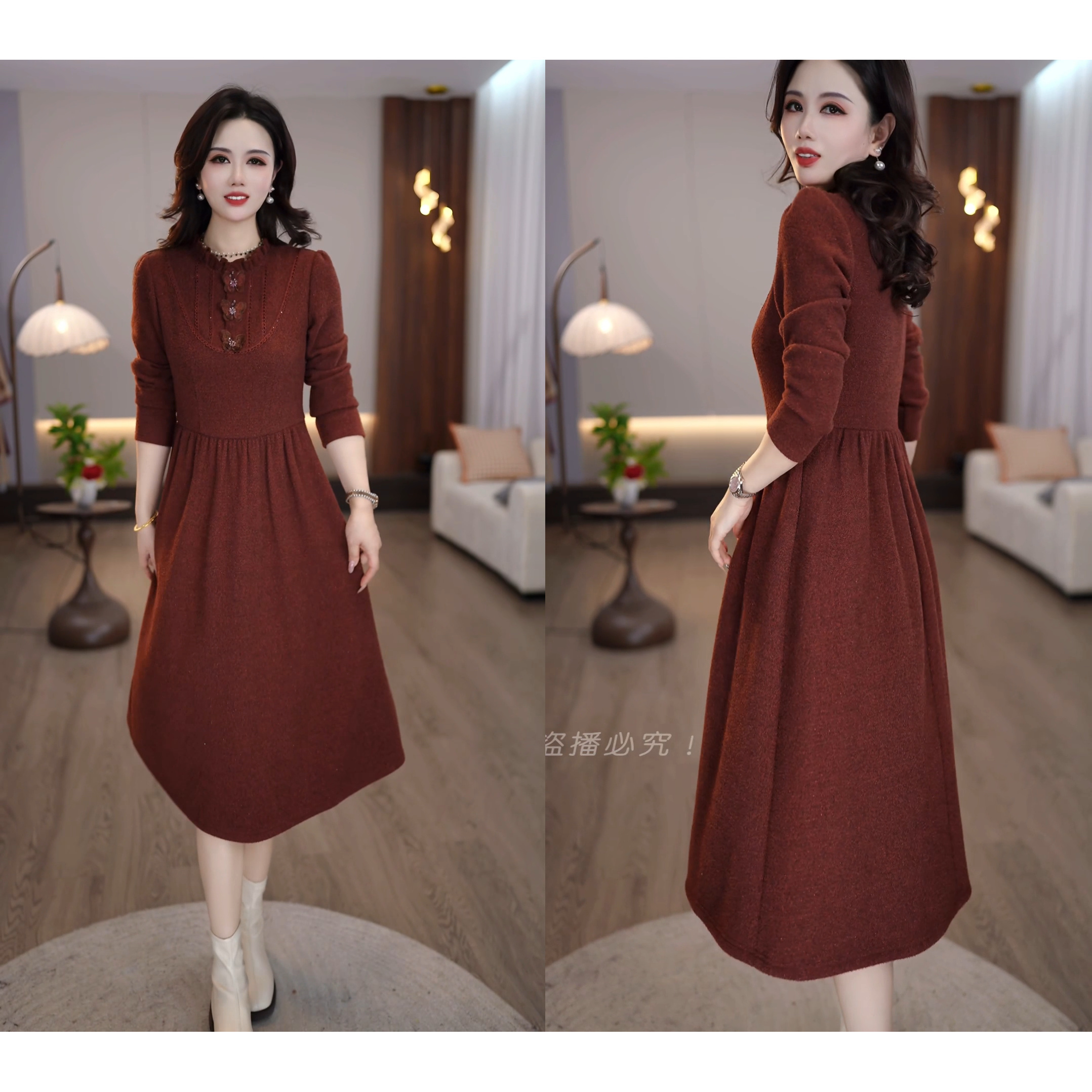 2025冬款红色优雅大气高贵名媛宽松精致加厚中长款连衣裙M-4XL