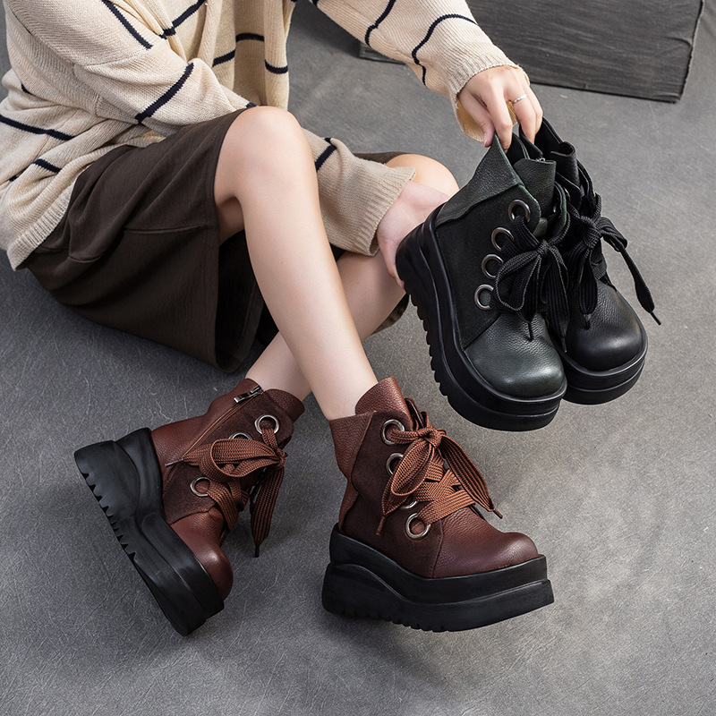 2024冬季新款复古头层增高短靴欧美风马丁靴厚底轻奢时尚复古短靴