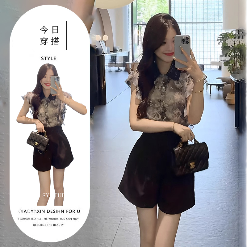 今年流行的夏装套装薄款高级感碎花雪纺衫高腰显瘦西装短裤两件套