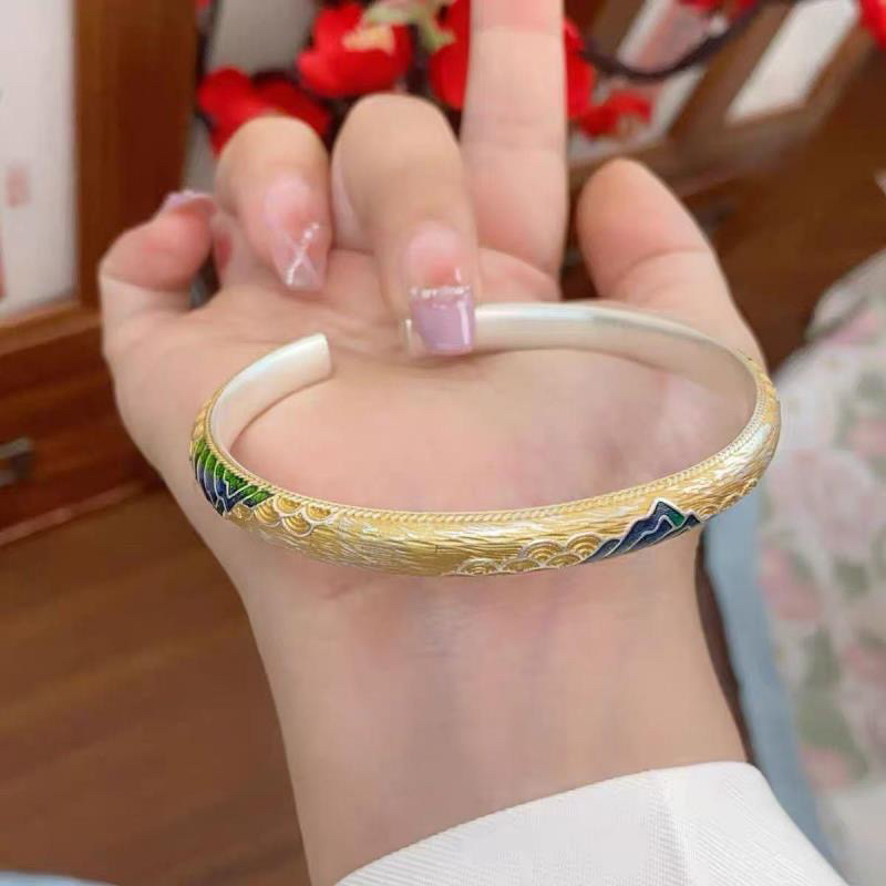 足银手镯 999.9描金千里江山开口足银手镯礼物08