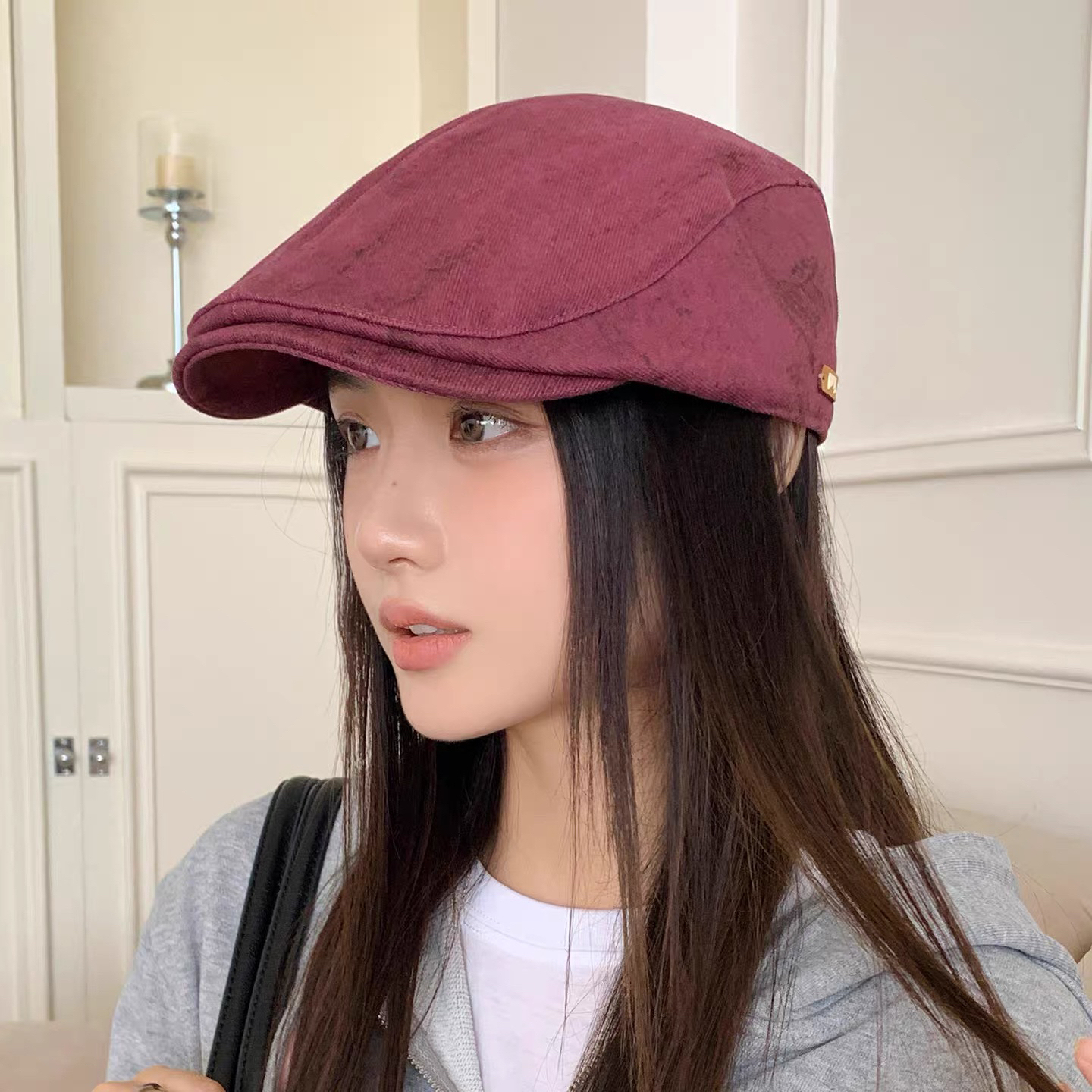 干枯玫瑰粉英伦风复古前进帽子女春秋日系报童帽显脸小反戴贝雷帽