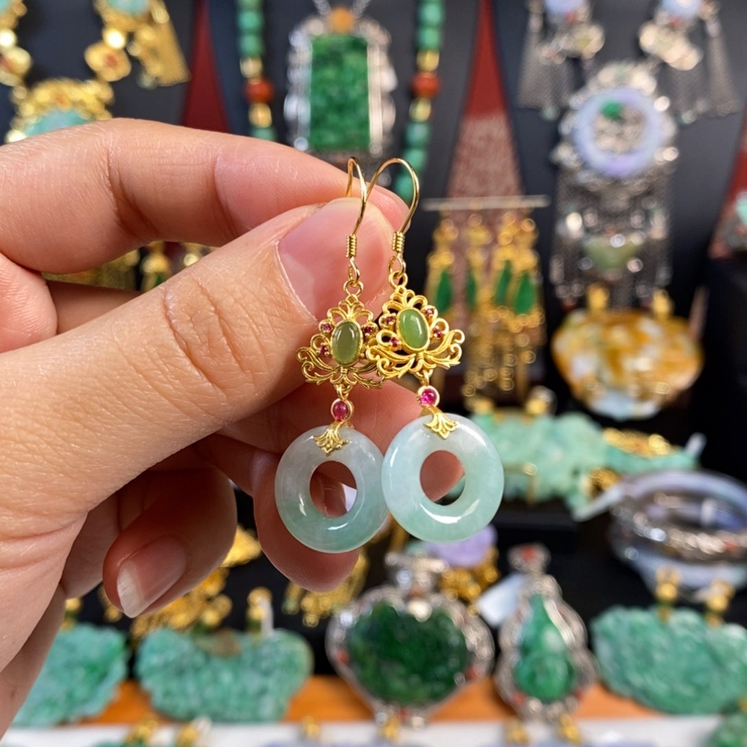 翡翠耳饰未镶嵌甜甜圈耳坠 亏清