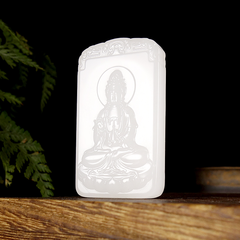  天然新疆金丝玉莲花座观音吊坠男双面精雕白色玉石山水观音挂件