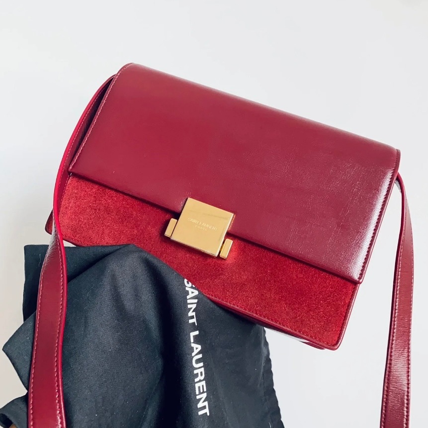 95新 YSL/圣罗兰 7姐专场/红色拼皮斜挎包