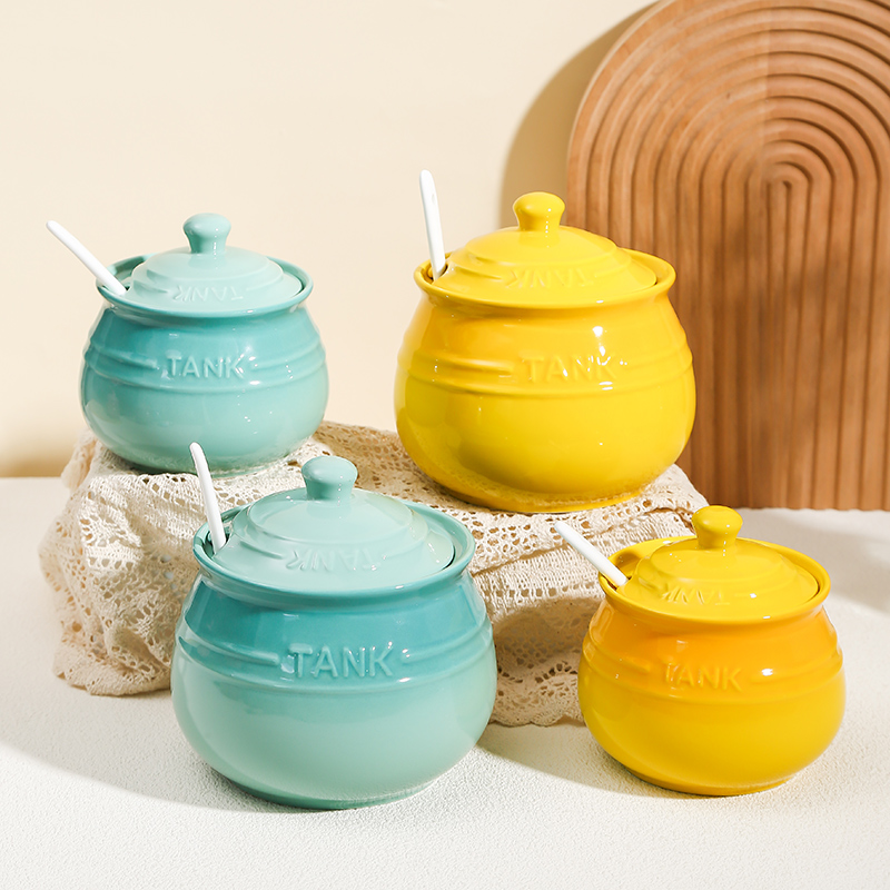 多彩高颜值猪油罐家用带盖带勺陶瓷渐变色辣椒油专用罐子大容量