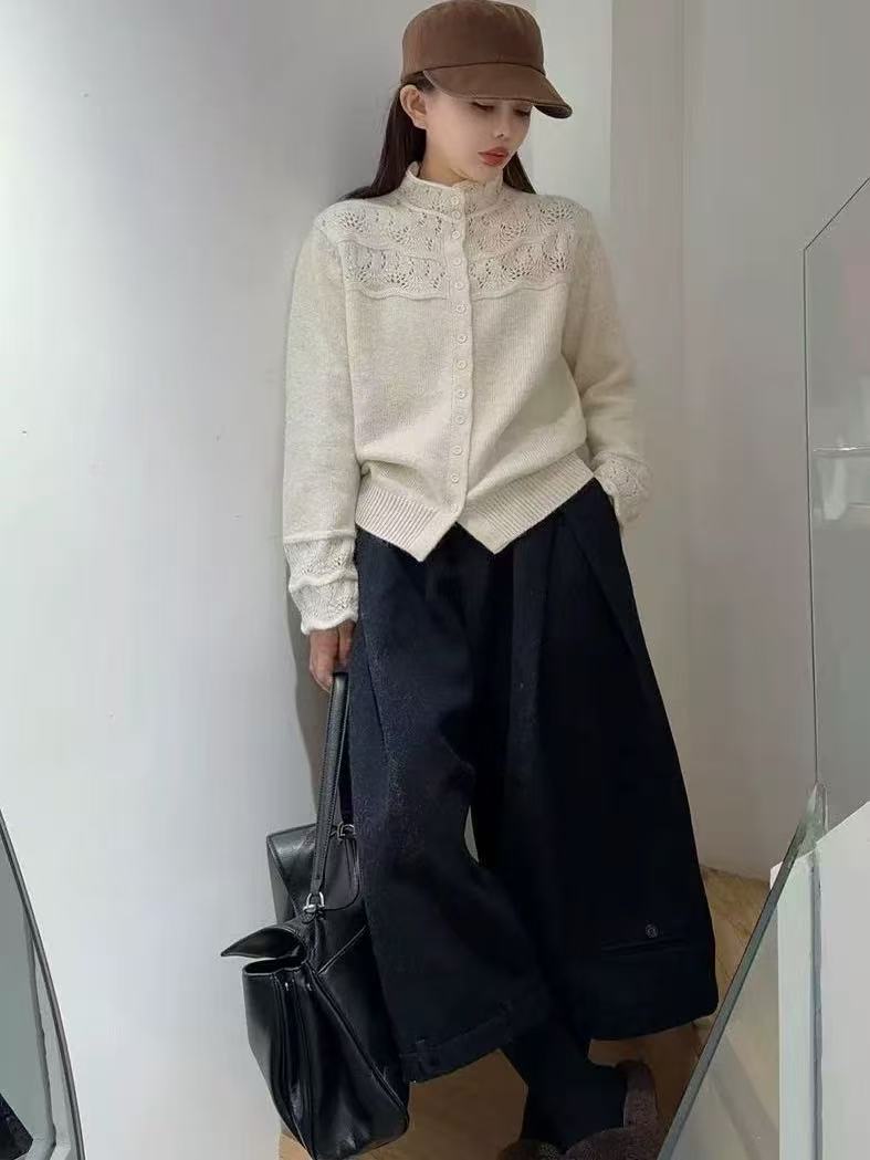 9695-3422 半高领复古提花宽松毛衣服开衫纯色毛针织衫
