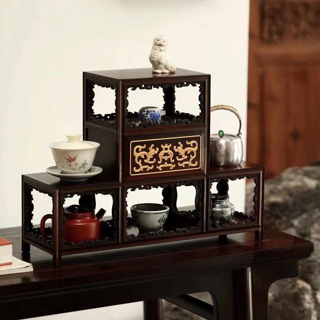 老挝大红酸枝镶嵌黄杨木高低架博古架茶边柜茶杯架45-14-33