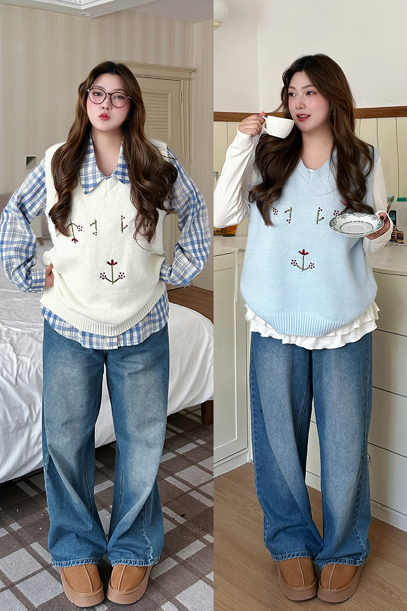 大码新款韩系秋冬手工钩花刺绣花朵显瘦针织马甲8070