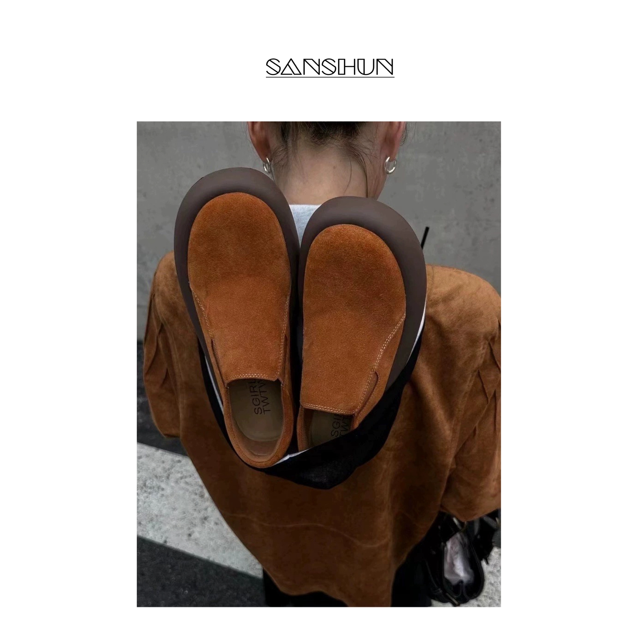 Sanshun-(面包鞋)-5厘米厚底一脚蹬板鞋磨砂牛皮复古休闲鞋