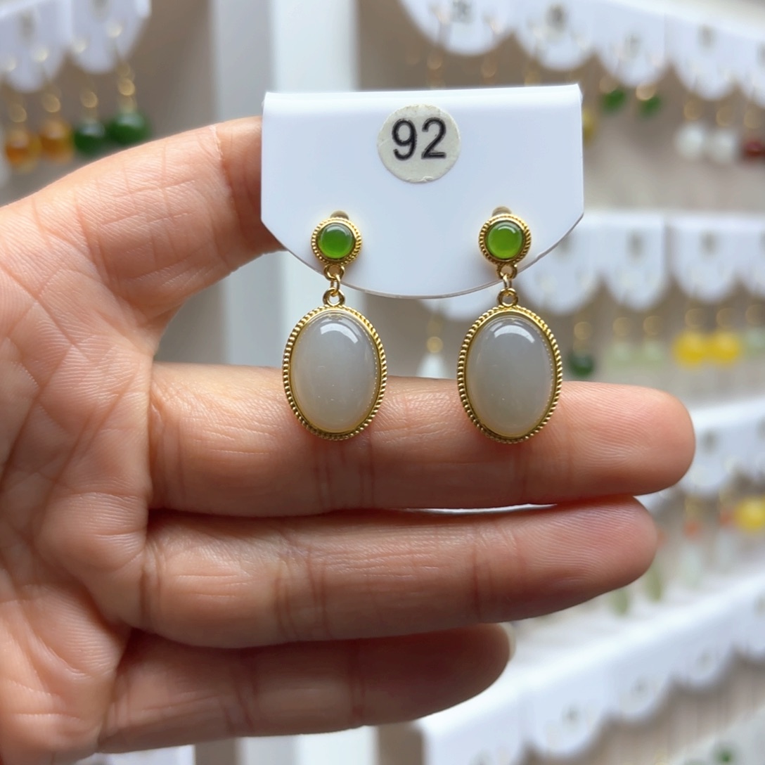 和田玉耳饰银S925镶嵌