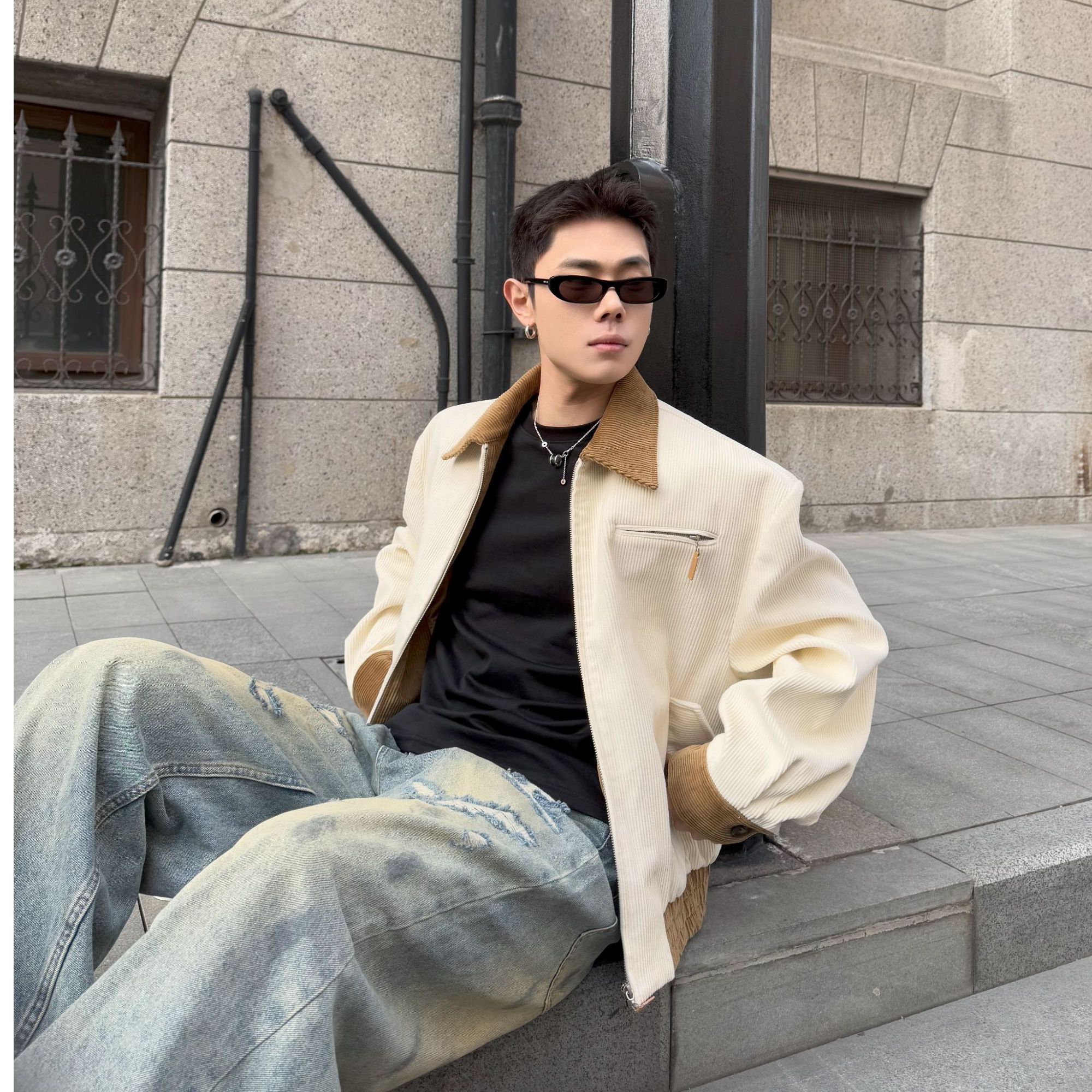 DBW Doublewin原创灯芯绒撞色短外套男春季高级时髦挺阔夹克1043