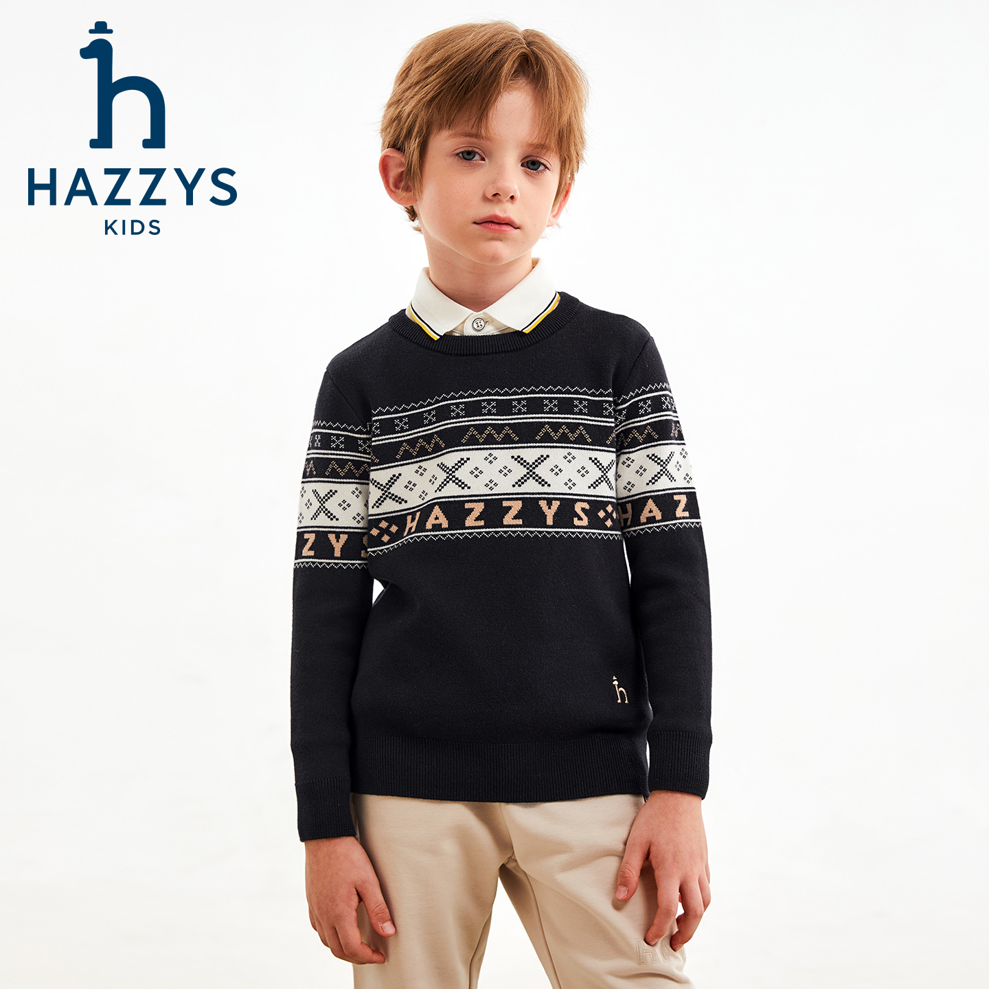 Hazzys/哈吉斯品牌童装男童秋新款线衣圆领秋冬休闲