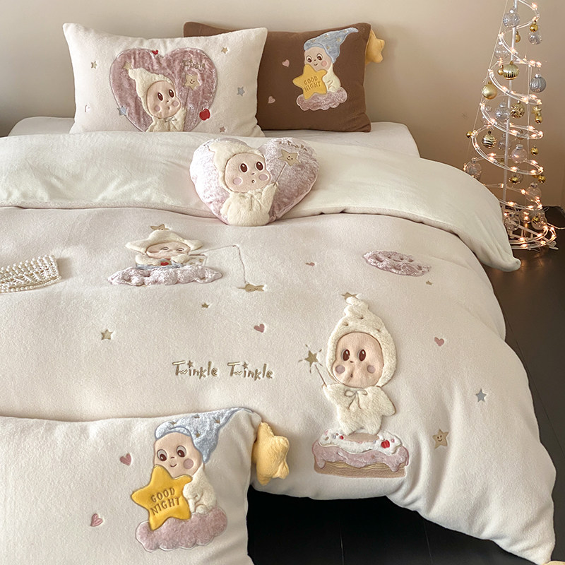可爱风秋冬季加厚牛奶绒四件套卡通萌宠刺绣被套保暖超柔床上用品