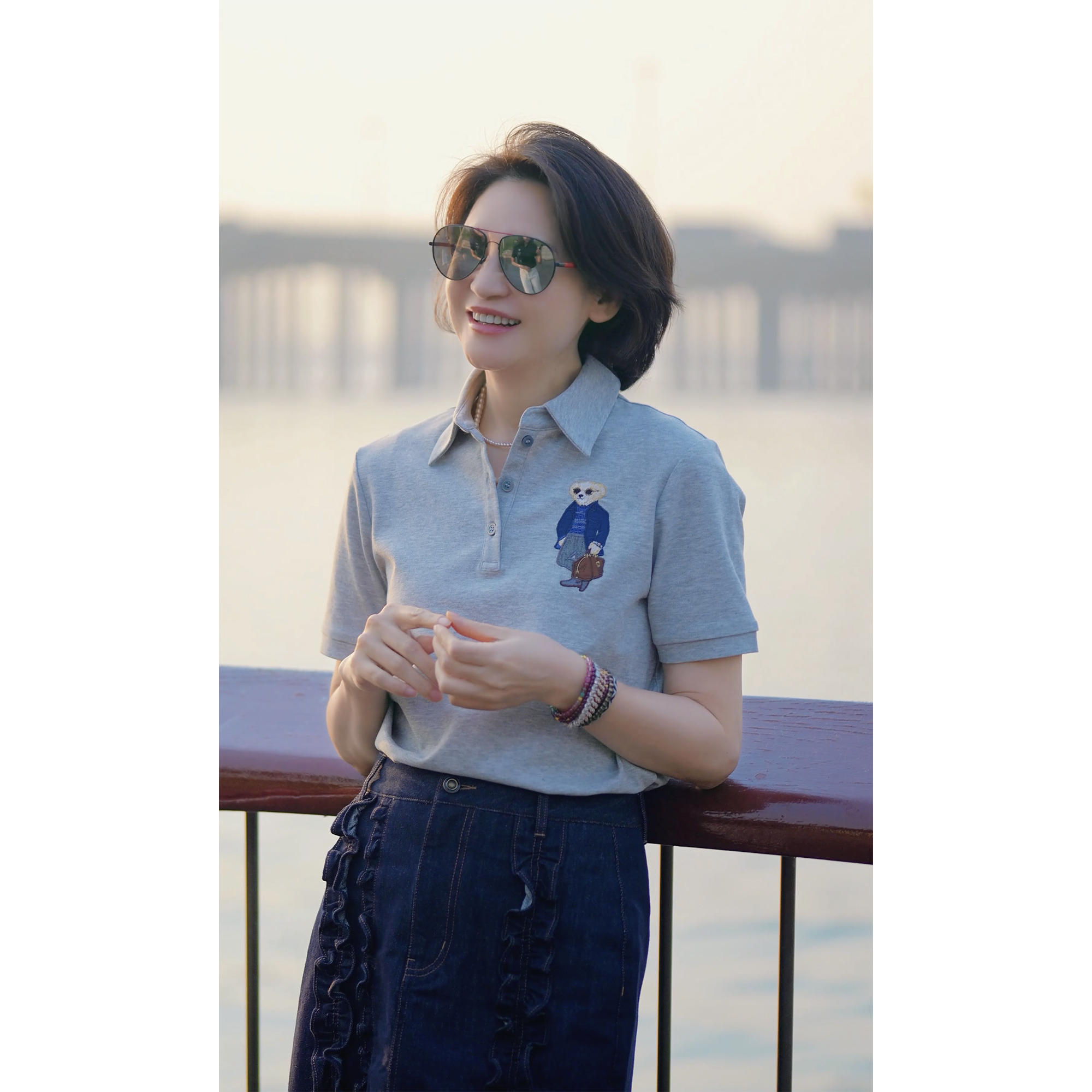 我是摩羯 绅士小熊 永迈40支棉杜邦Sorona纱刺绣春夏polo领T恤