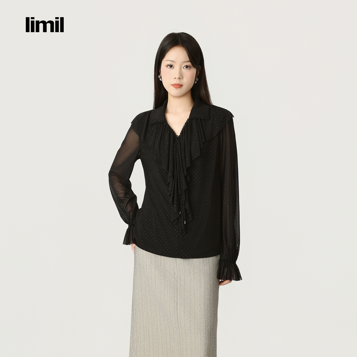 limil/丽米儿轻奢系列新款透纱星光气质小众设计荷叶领衬衫930132
