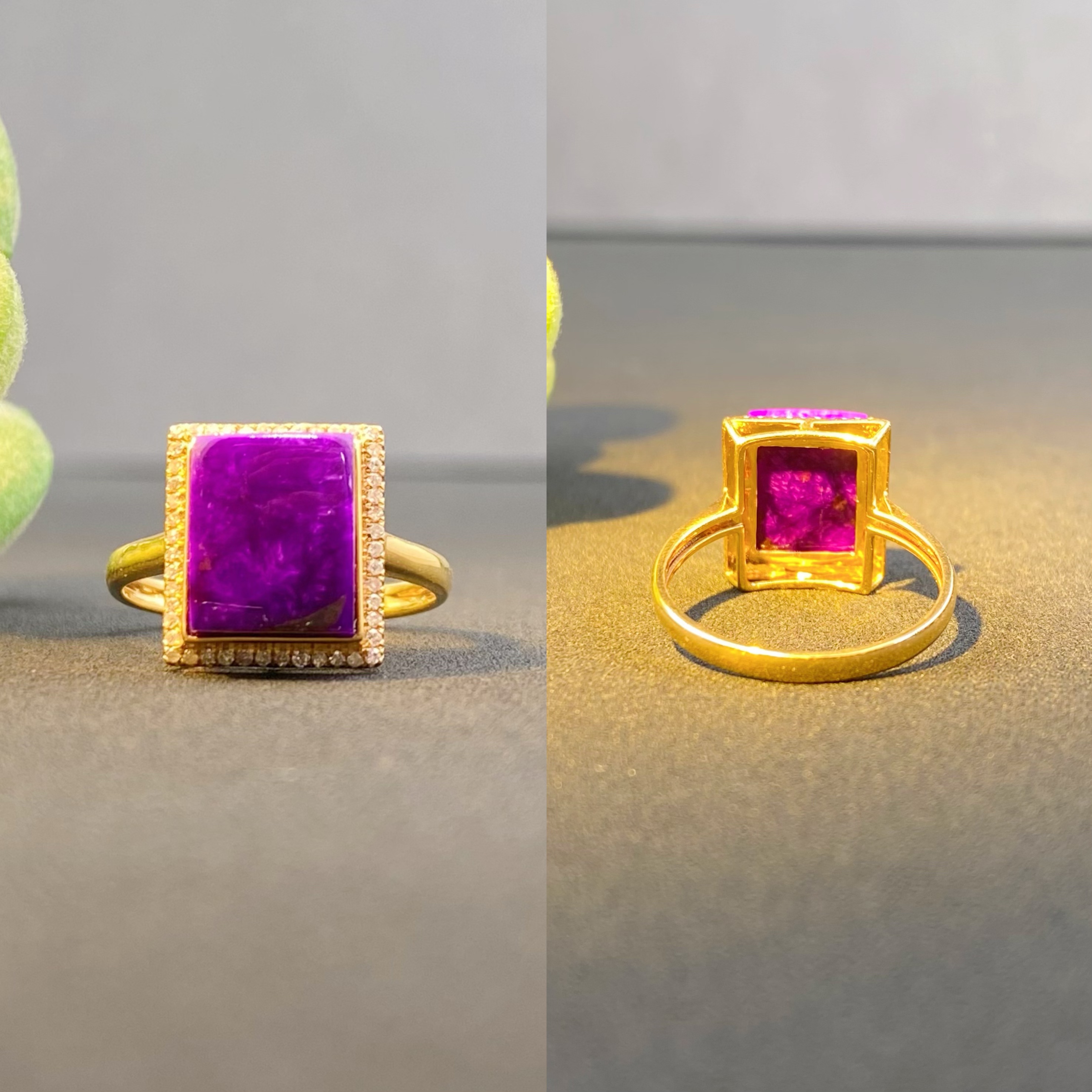 舒俱来火焰红丝绒全玉化 18k金镶嵌方形戒指  