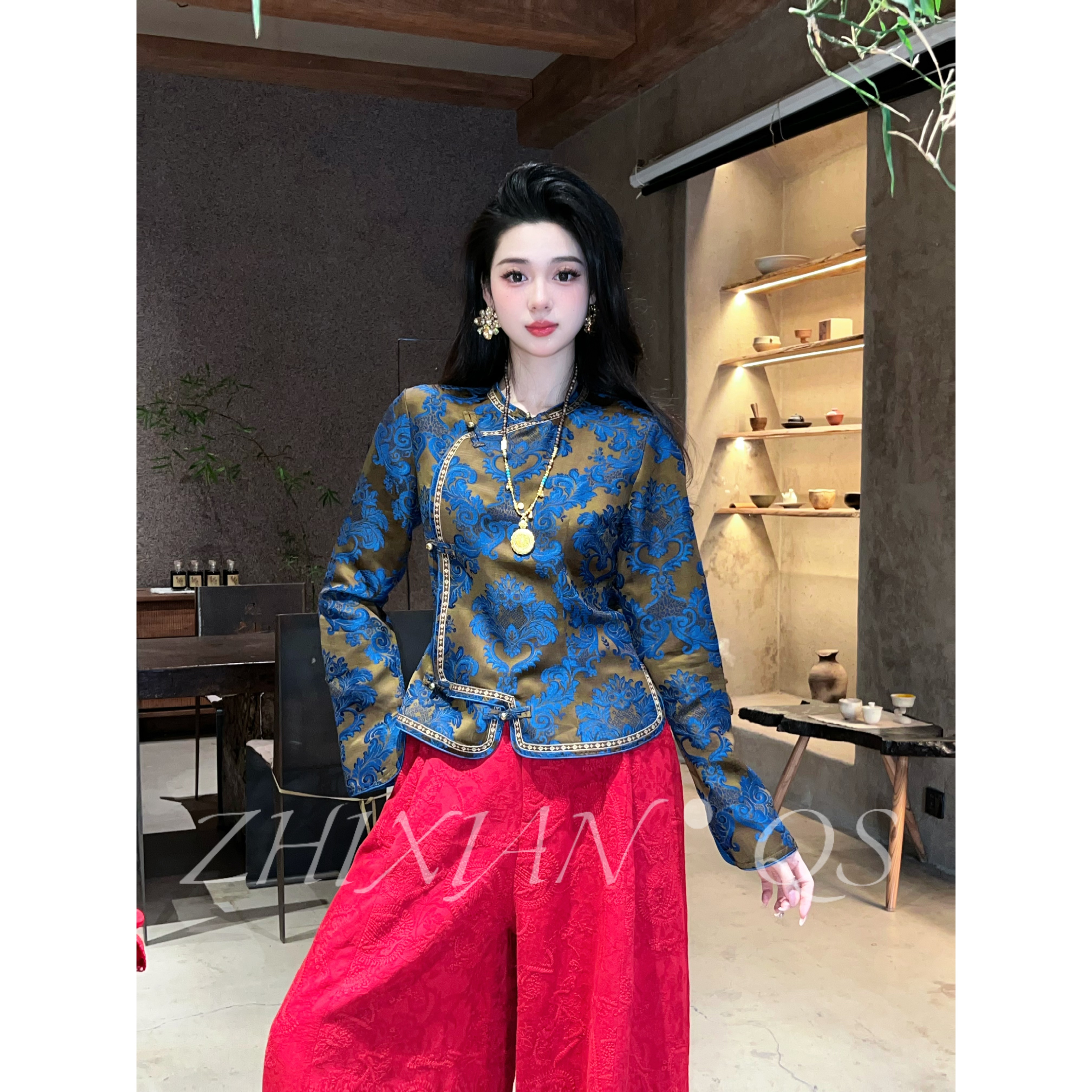 【清沐服饰】蓝玉纳福-2026早春新款人丝香云修身收腰新中式上衣