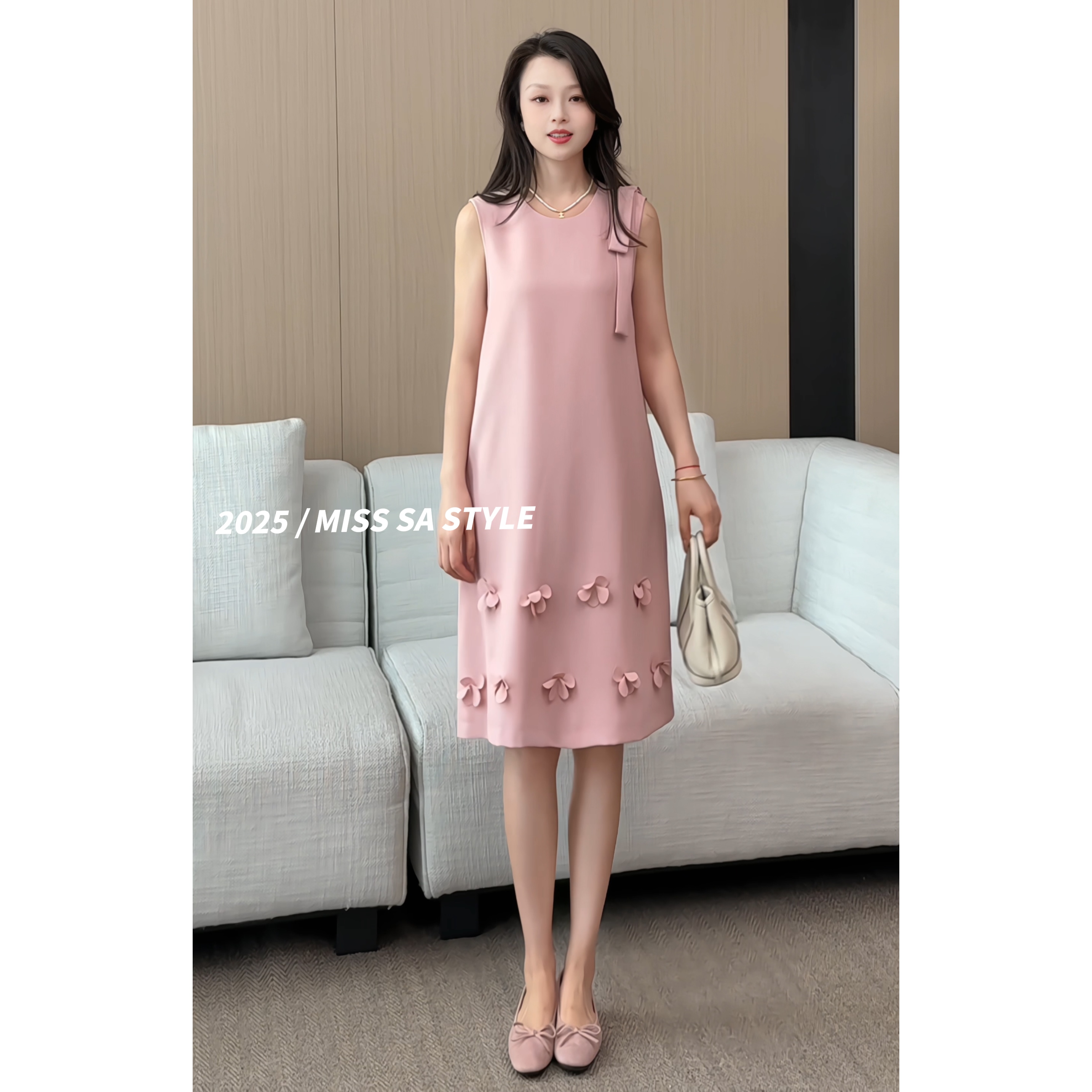 MISS SA 立体花朵夏新款气质法式设计感飘带无袖连衣裙25058799