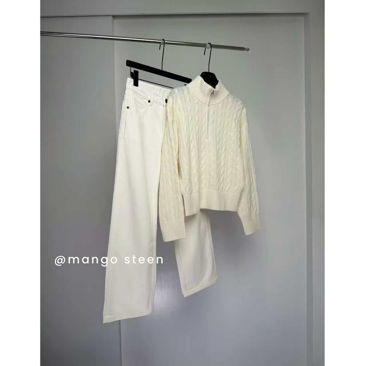 MANGO steen‘s丨羊毛半开门襟绞花套头上衣I7348