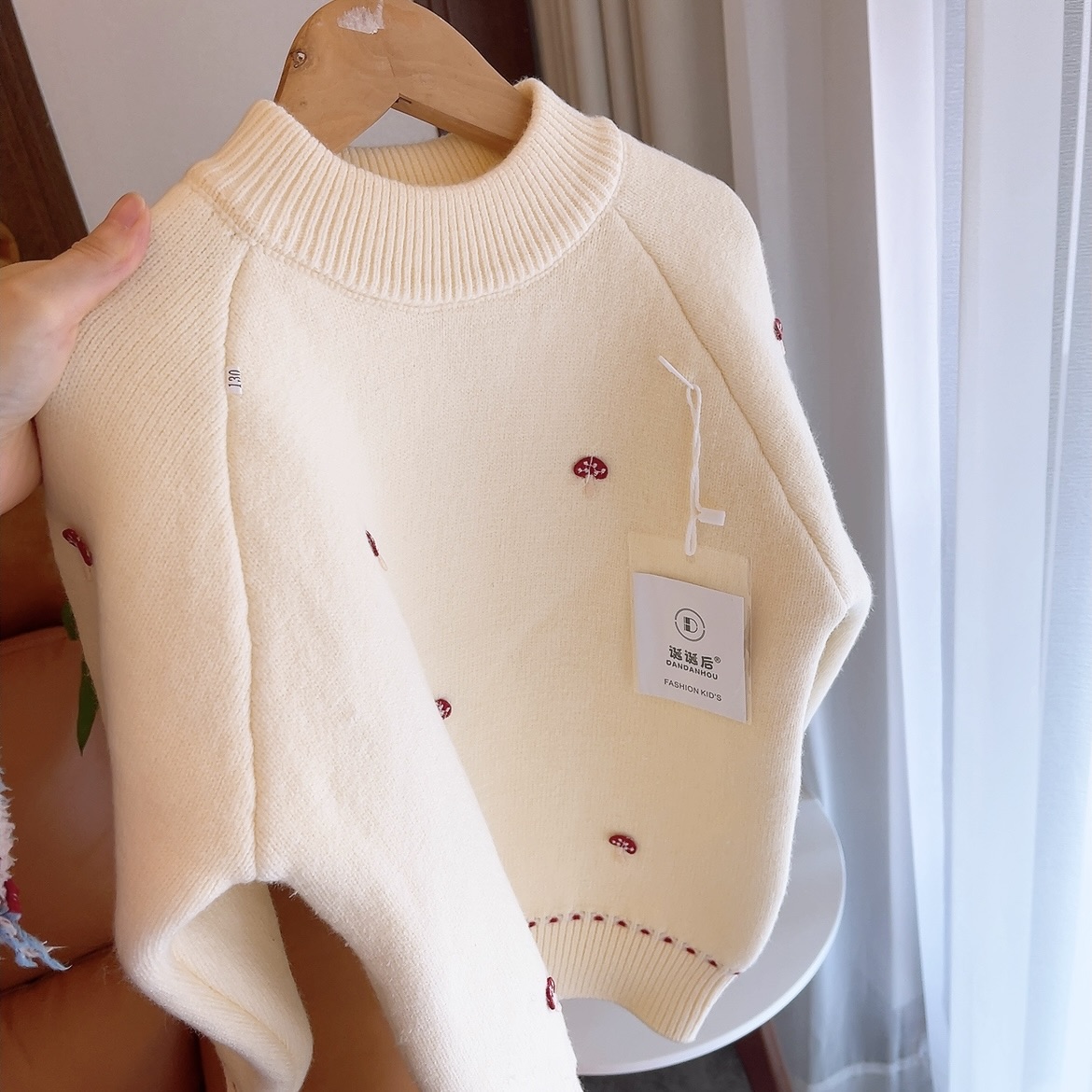 儿童毛衣女童中大童秋冬加厚一体绒针织套头毛衫女孩蘑菇加绒精品