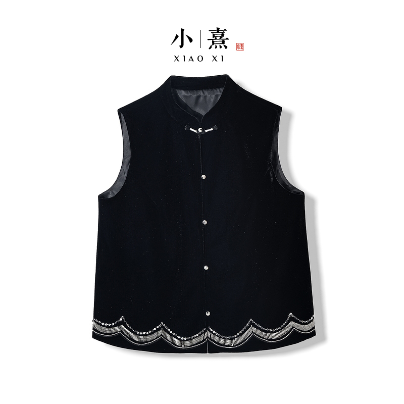 【墨萦】2025新款马甲女新中式宽松立领亮片绣花高级感丝绒上衣马夹