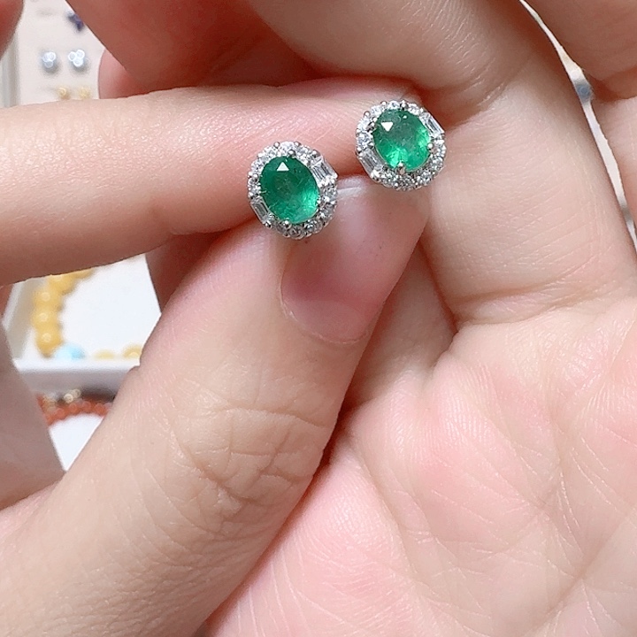 祖母绿耳饰银S925镶嵌