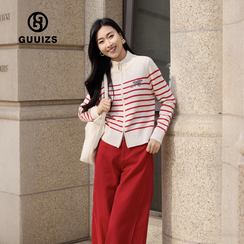 【贵姿】2026春季新款上衣气质百搭休闲长袖针织衫条纹羊毛衫女毛衣