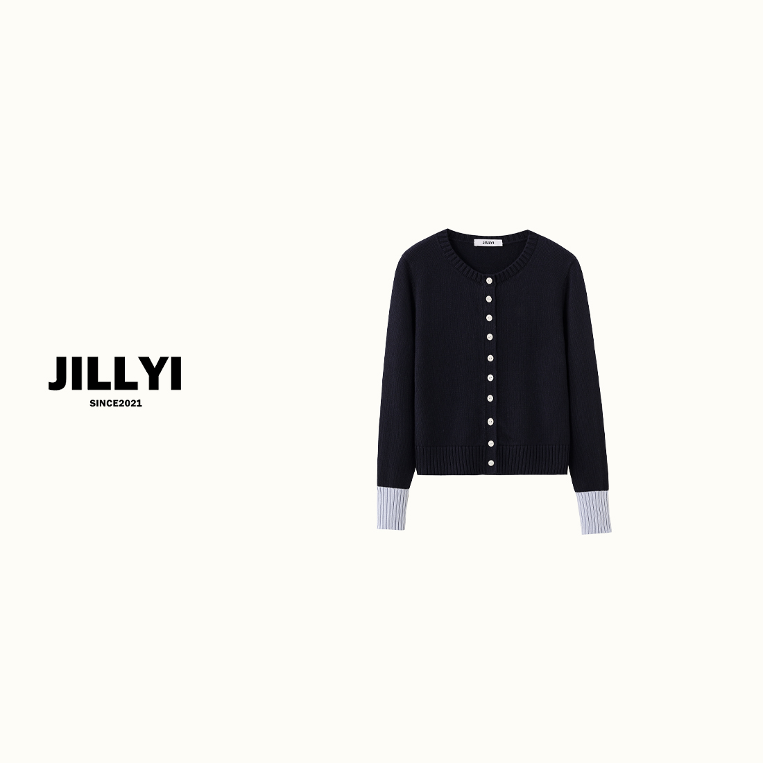 JILLYI珠海店【韩系撞色】藏蓝色圆领单排扣极简风秋季百搭针织开衫