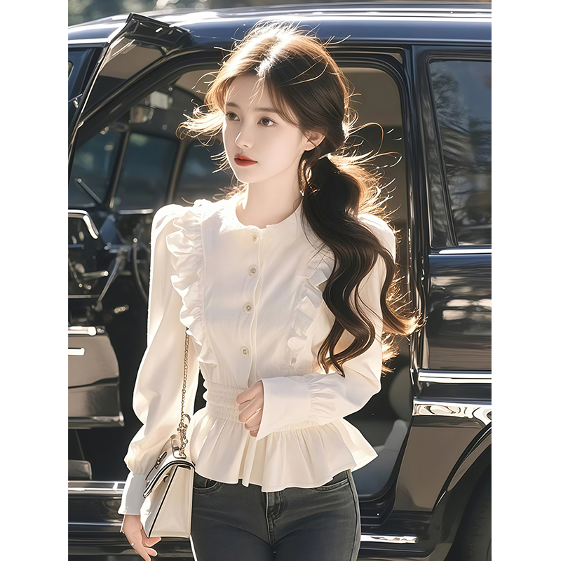 白色长袖衬衫女款春秋新款独特漂亮小衫收腰法式荷叶边上衣服穿搭