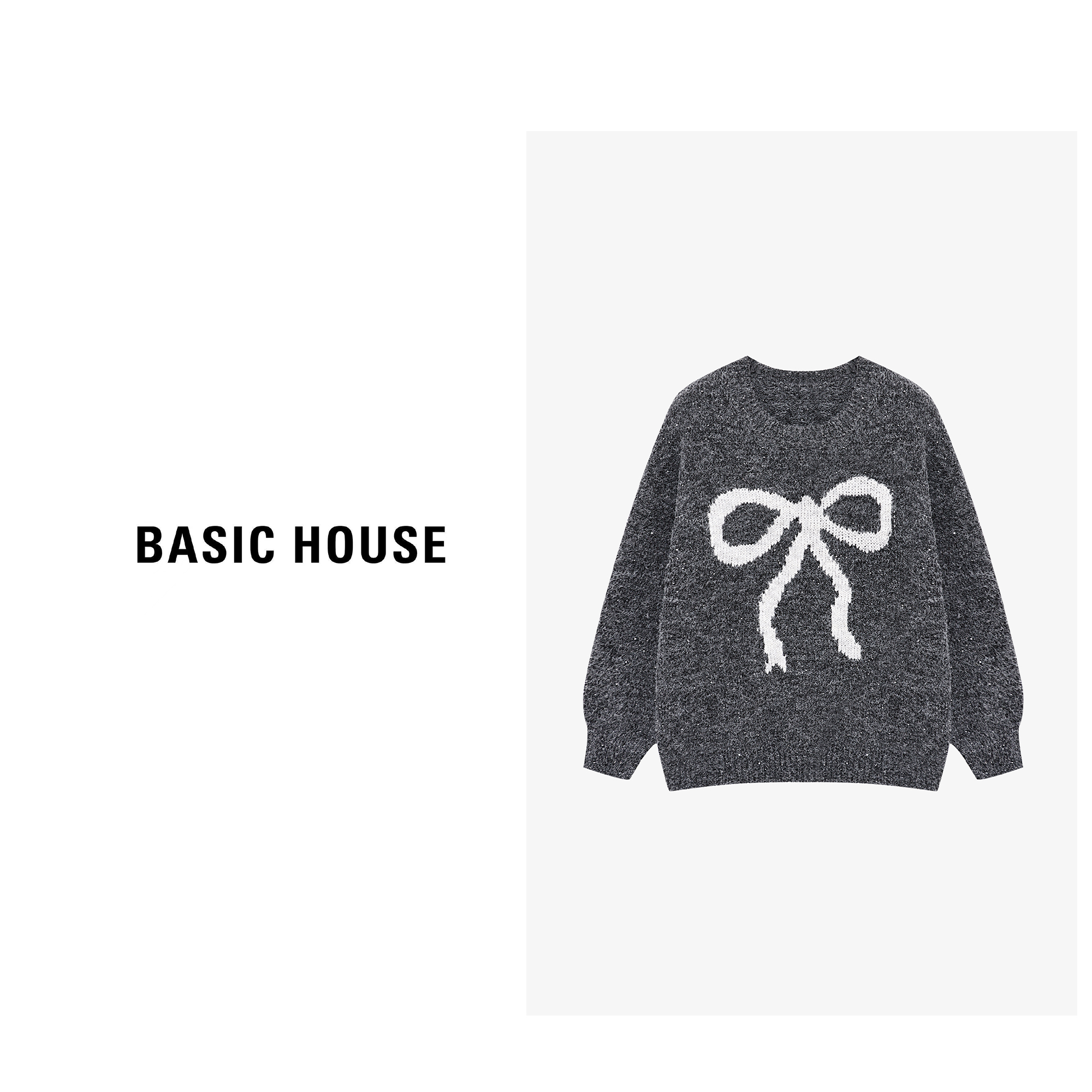 Basic House/百家好休闲宽松针织提花圆领百搭毛衣-B0625B5SJI2