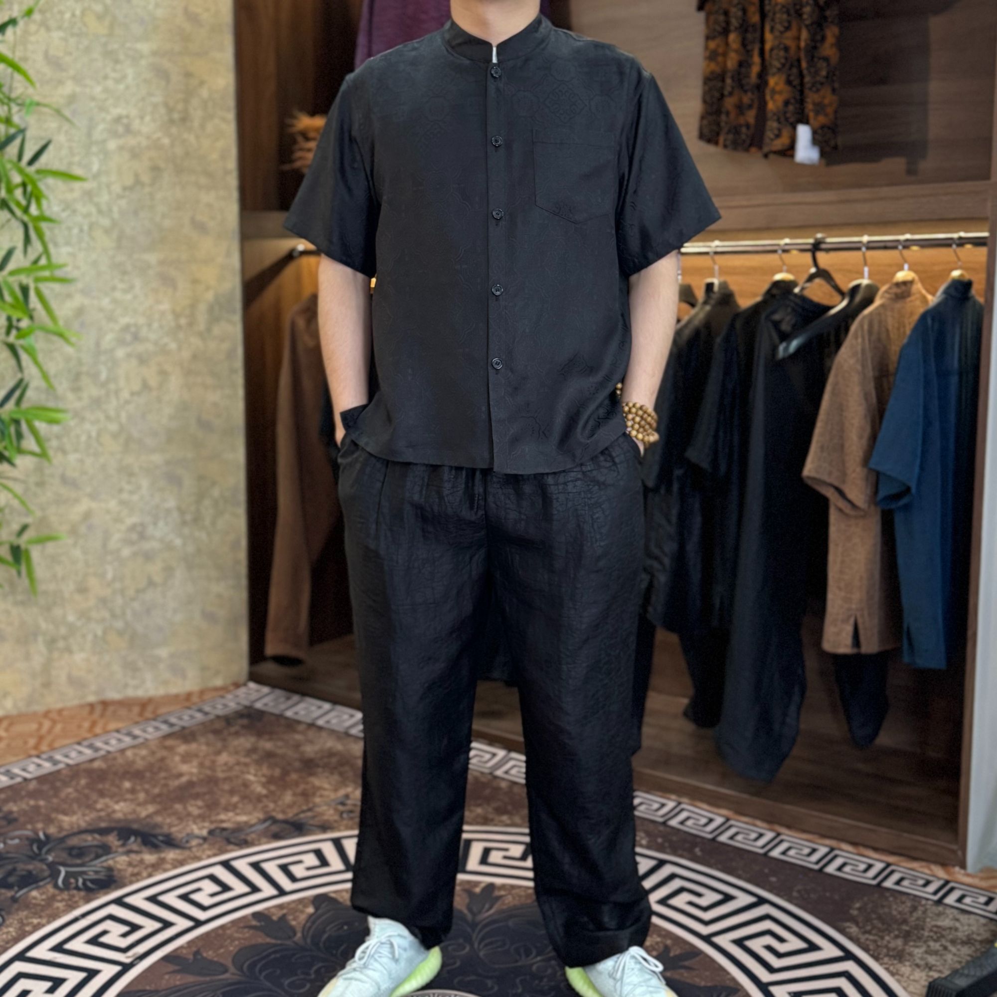 夏季薄款花萝100%桑蚕丝男士短袖国风夏季立领休闲宽松中国风衬衫