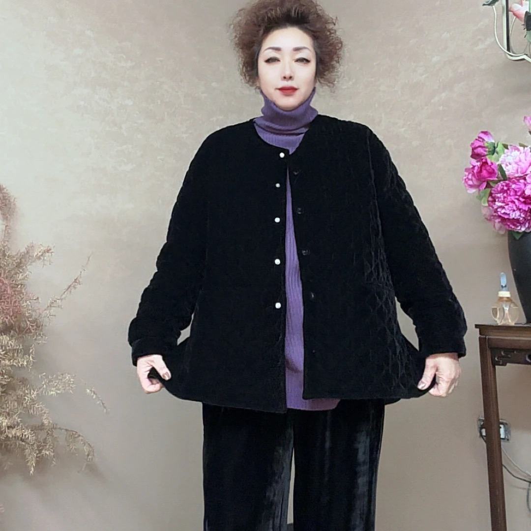 三姐家丝绒菱形格加厚保暖宽松型休闲棉服外套