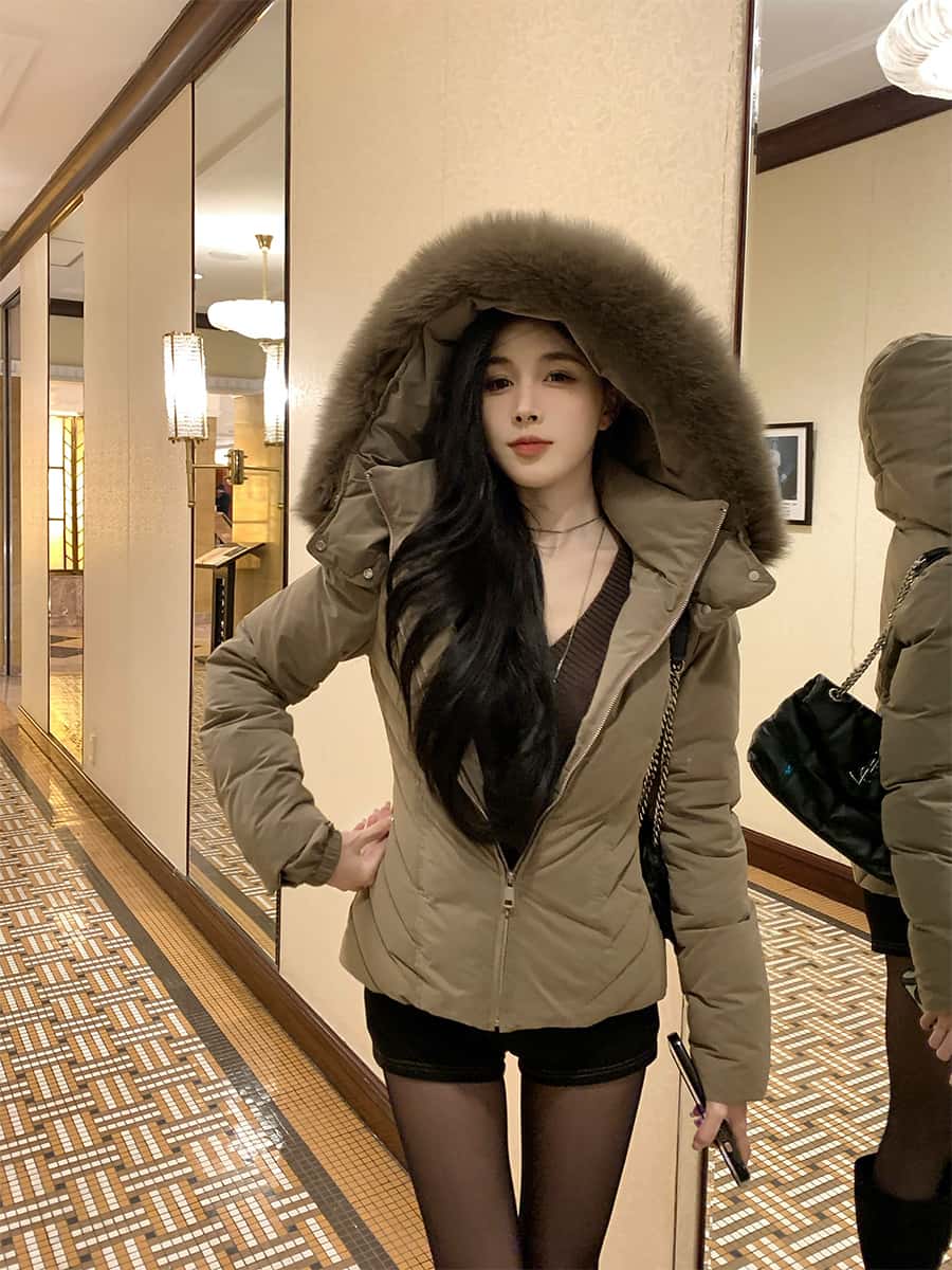 韩系气质大毛领可拆卸连帽棉服女2025冬新款收腰短款保暖棉衣外套